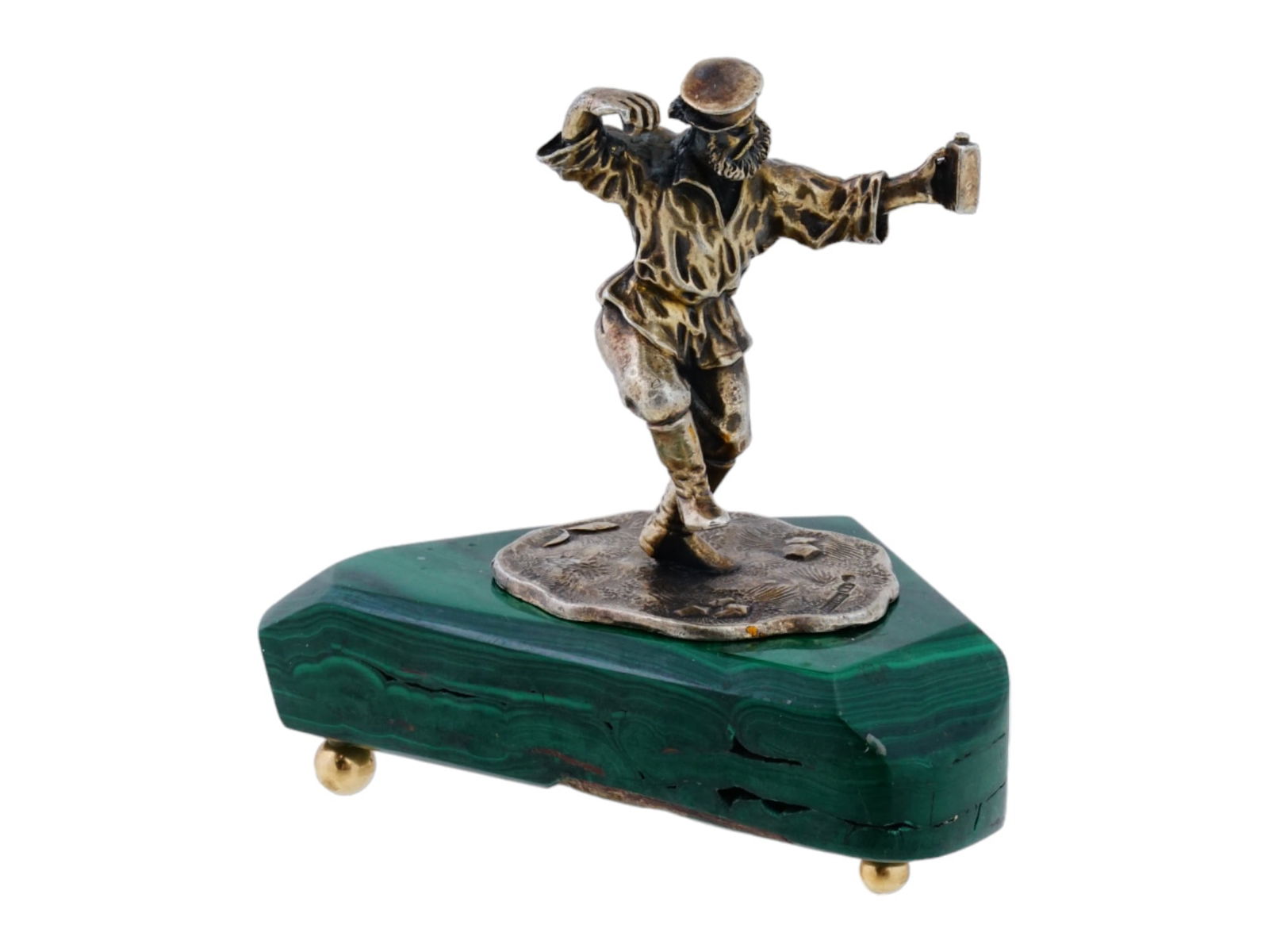 RUSSIAN SILVER DANCING MUZHIK FIGURE ON MALACHITE BASE (1 of 9)