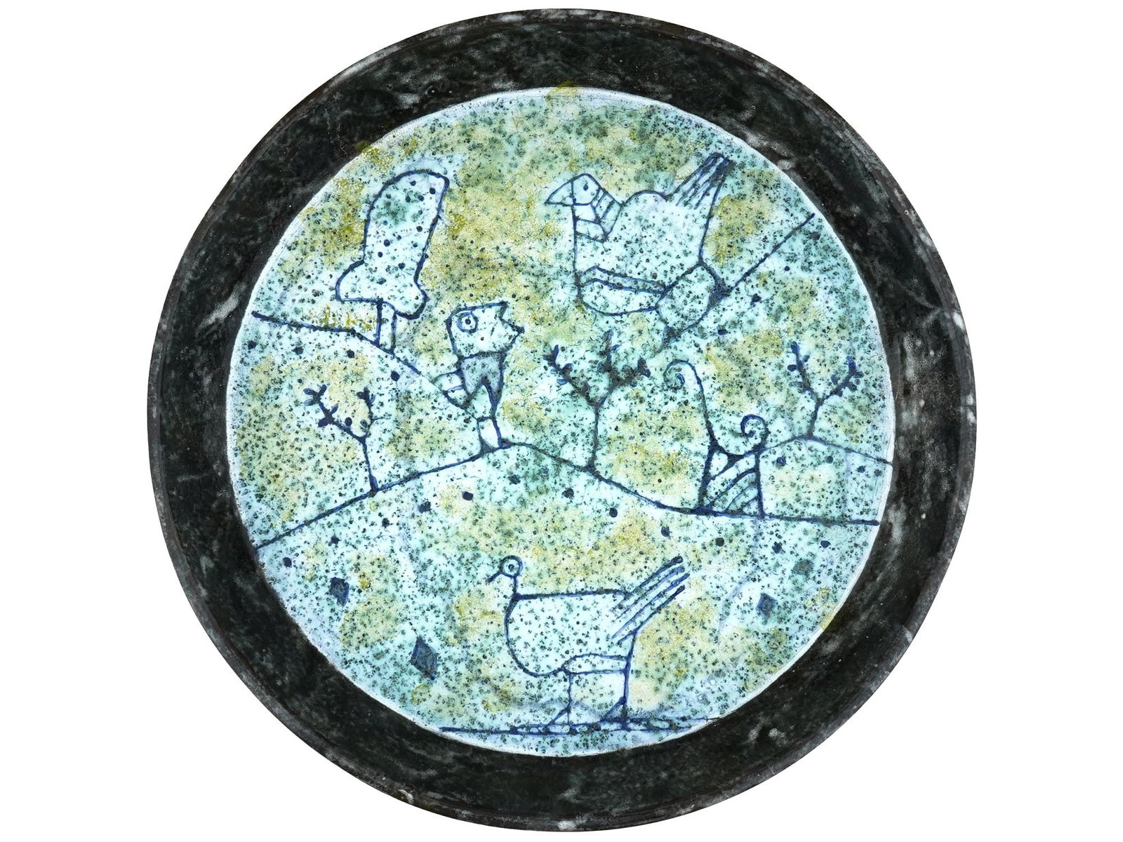VINTAGE FRENCH JACQUES BLIN MODERNIST CERAMIC PLATE: A vintage mid 20th century French modernist ceramic plate by Jacques Blin, 1920 to 1995. The large ceramic plate with raised edges in black is decorated with images of birds on a blue background. Sign