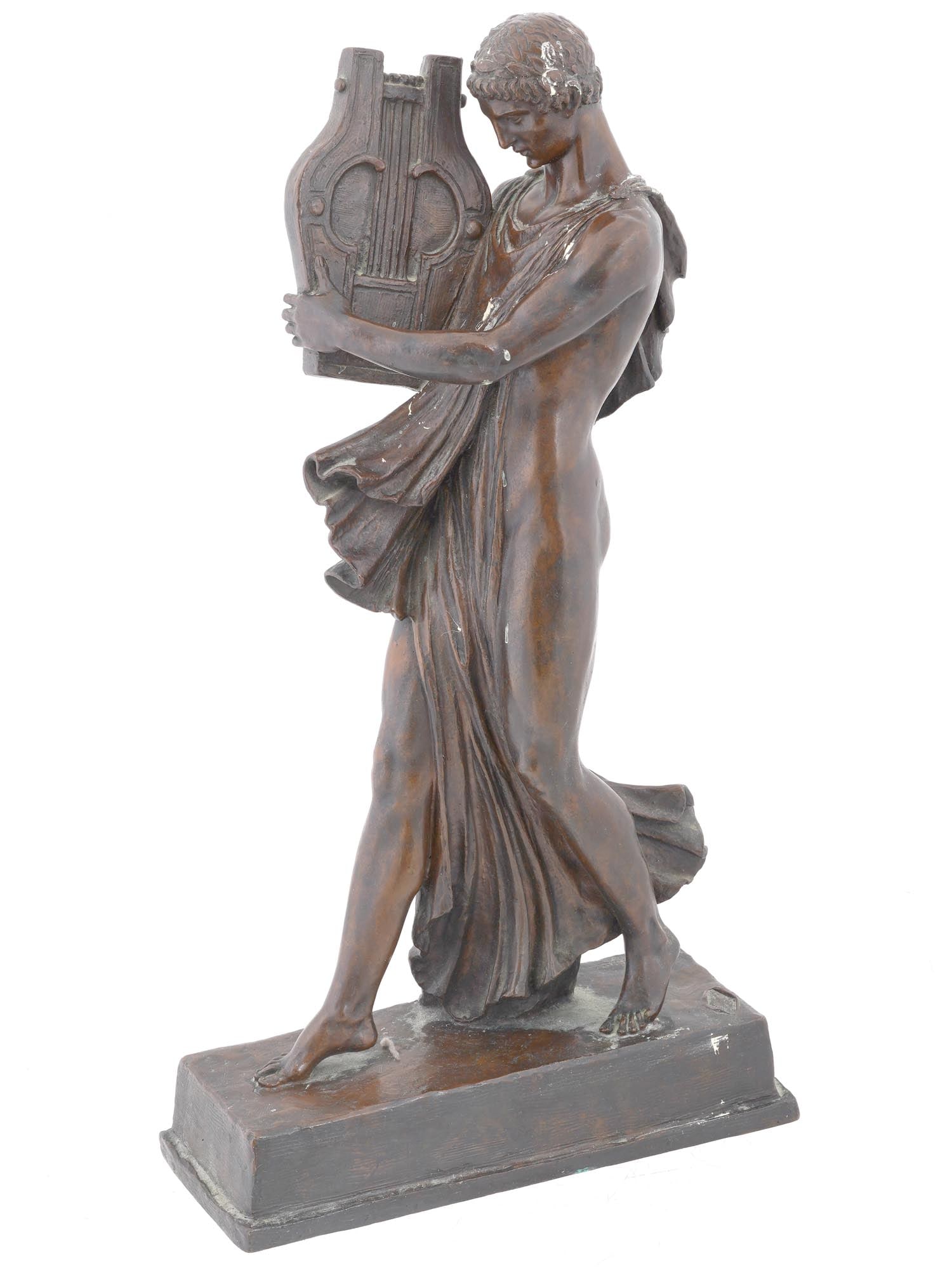 JOE DESCOMPS CORMIER FRENCH ART DECO BRONZE FIGURE: Patinated cast bronze figurine by Joe Descomps-Cormier, 1869 to 1950, a French Art Deco sculptor. The artwork represents a semi-nude male figure with an harp. Artists signature on the base. Undated. C