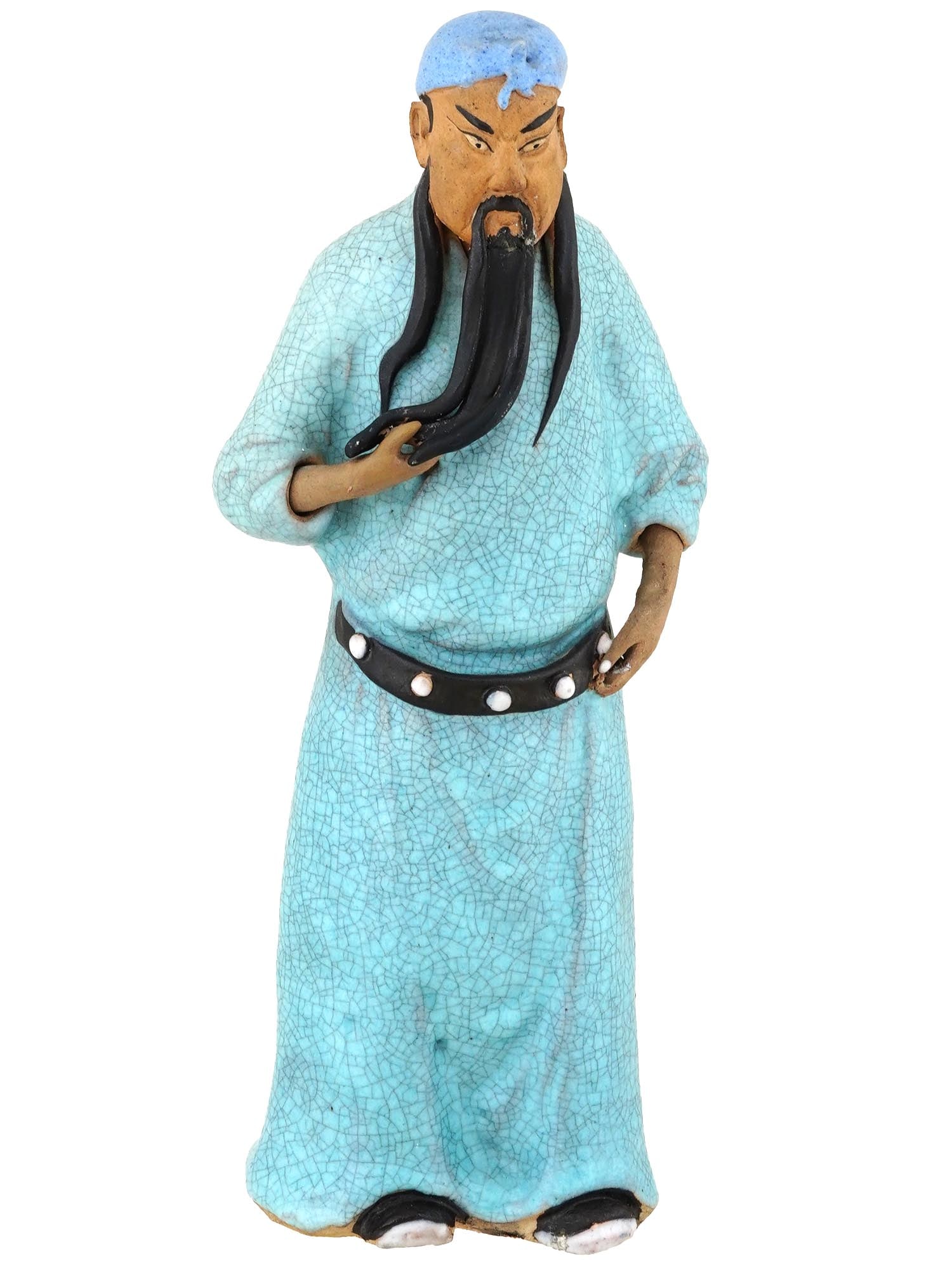 ANTIQUE REPUBLIC OF CHINA PORCELAIN MALE FIGURE: An antique Chinese craquelure porcelain male figure. Republic of China period, 1912 to 1949. The figure of a man is presented in full growth, dressed in a blue outfit and headdress. Long black beard a
