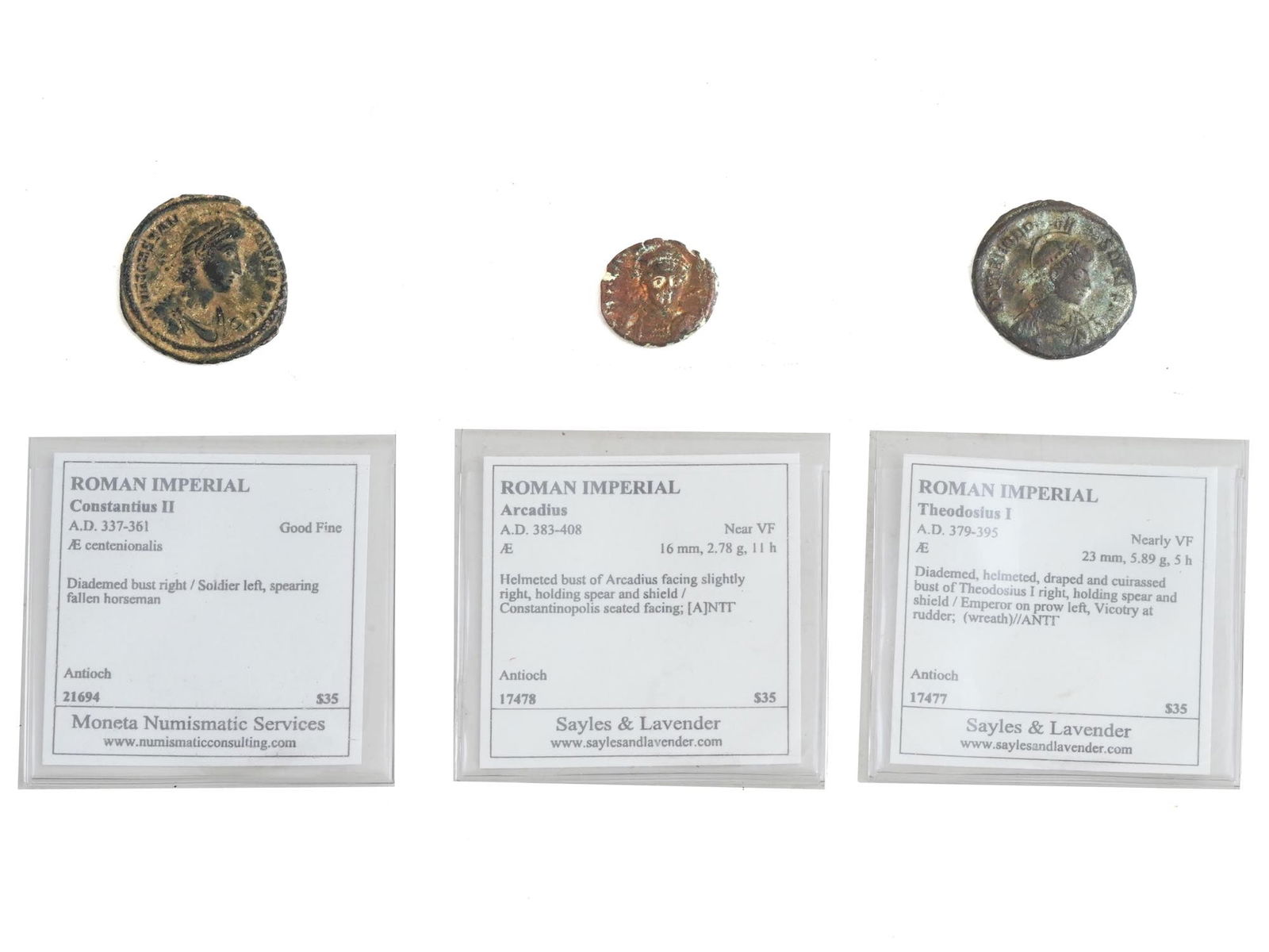 THREE ANCIENT ROMAN BRONZE COINS 200 TO 400 AD (1 of 4)