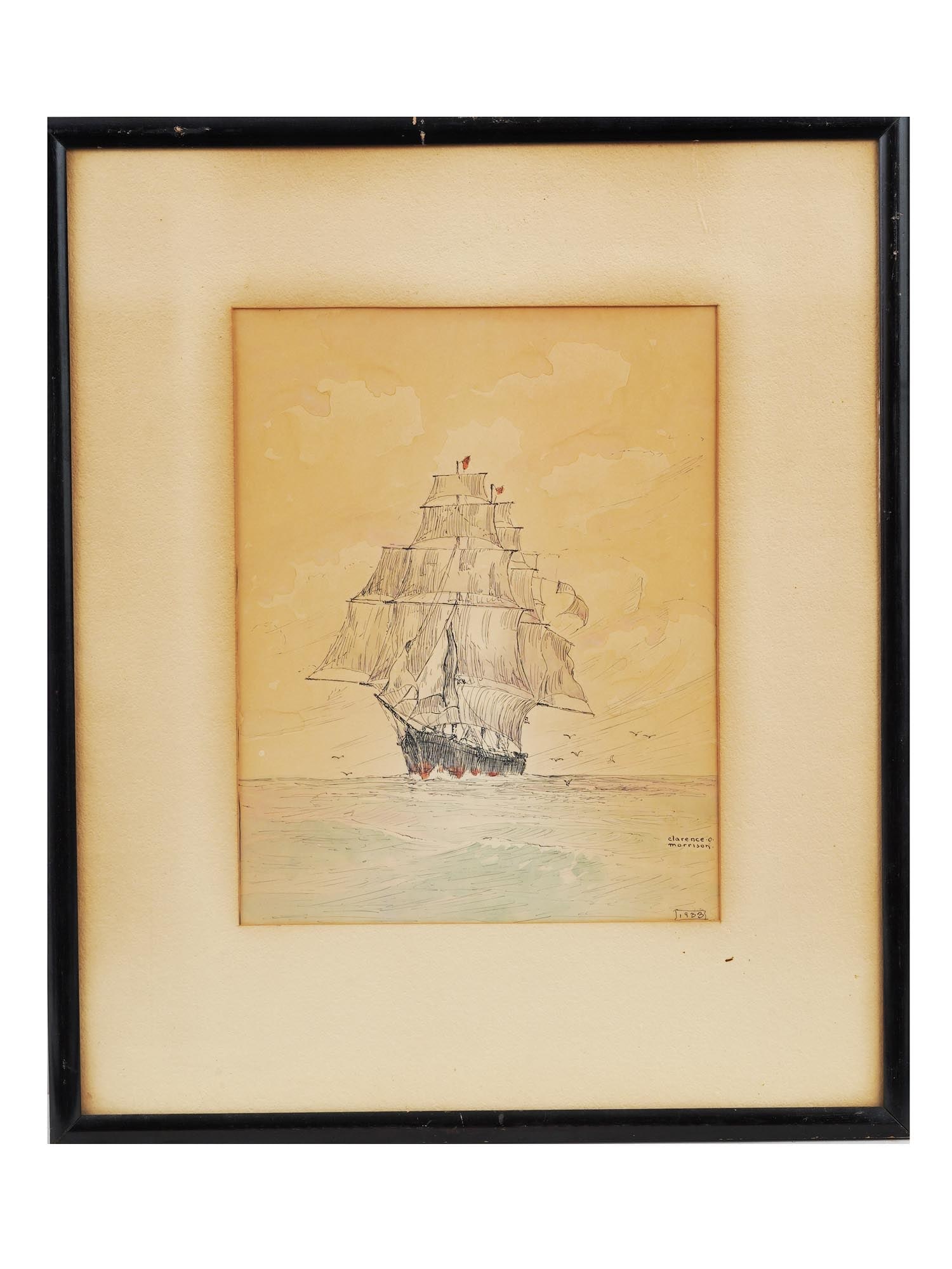 MID CENTURY SEASCAPE MIXED MEDIA PAINTING SIGNED (1 of 4)