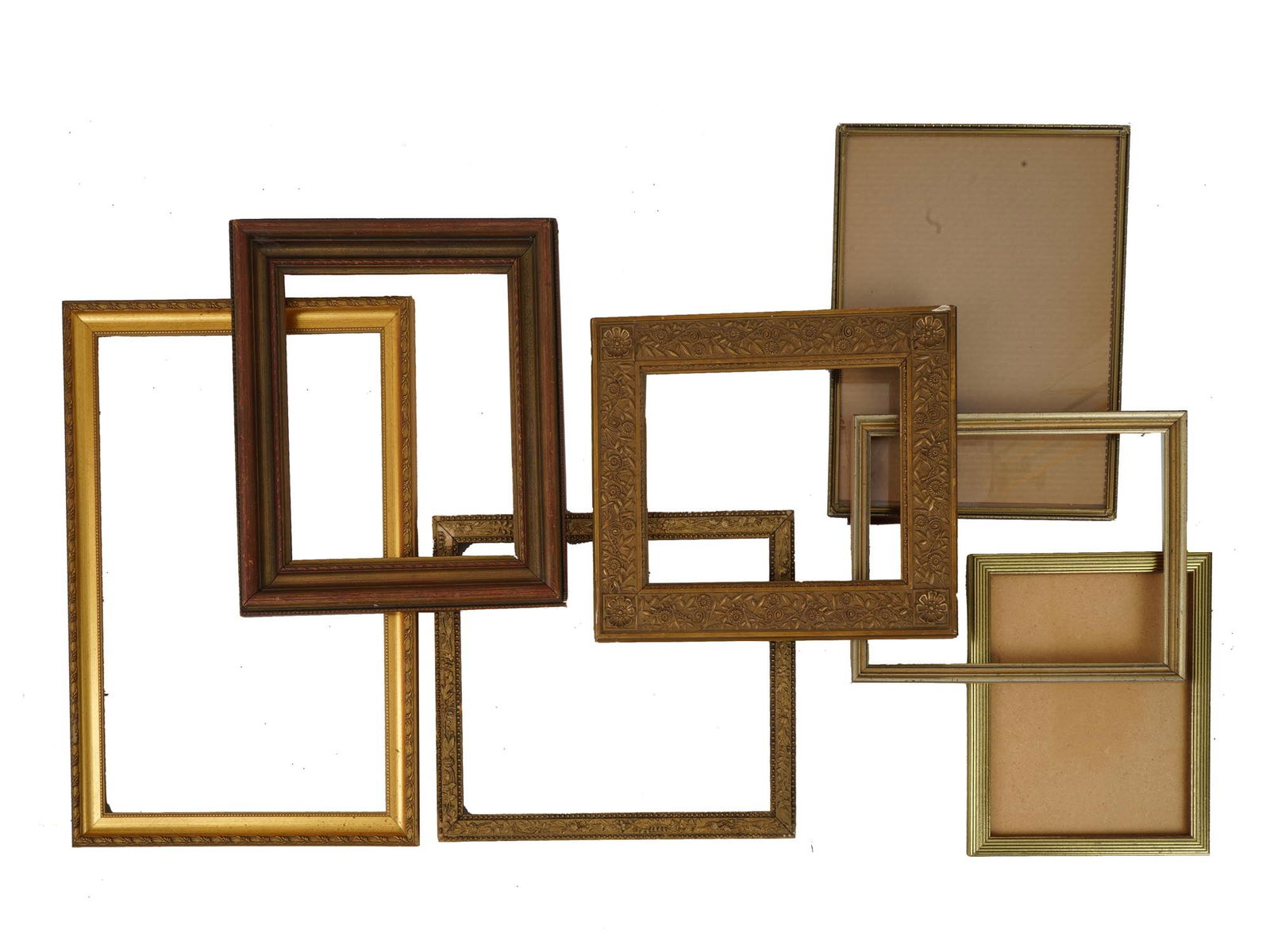 VINTAGE GILT ORNATE PAINTING FRAMES: A lot of mid to late 20th-century wooden painting and picture frames. A total of 7 items, plein air and ornate types. Most frames are golden. Two pieces have cardboard backing. Wall Art Decor And Pain