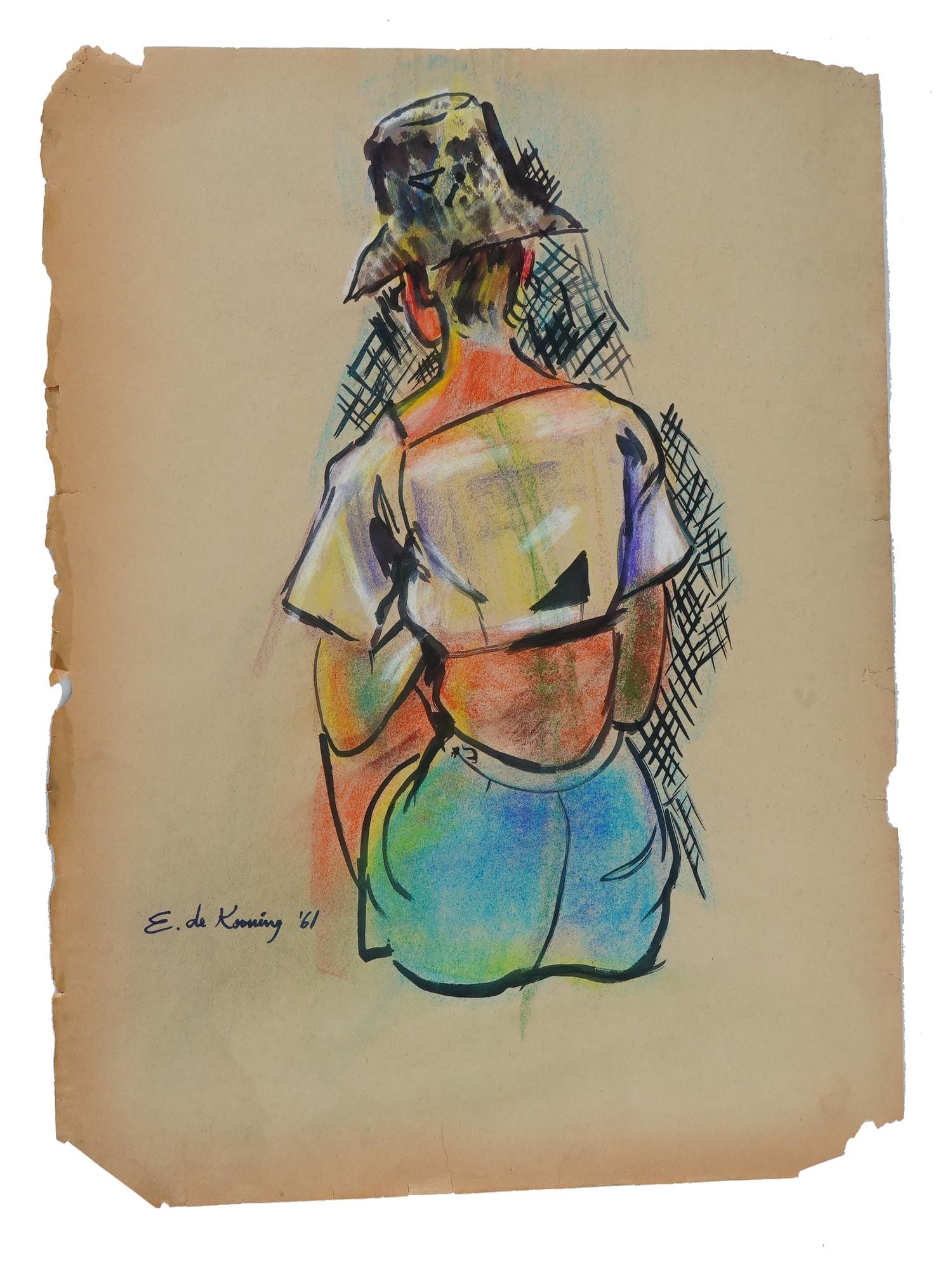ATTR TO ELAINE DE KOONING MIXED MEDIA PAINTING: Attributed to Elaine Fried de Kooning, American 1918 to 1989, a mixed media painting on paper depicting a portrait of a woman, 1961. Signed and dated lower left. Elaine Marie Catherine de Kooning was