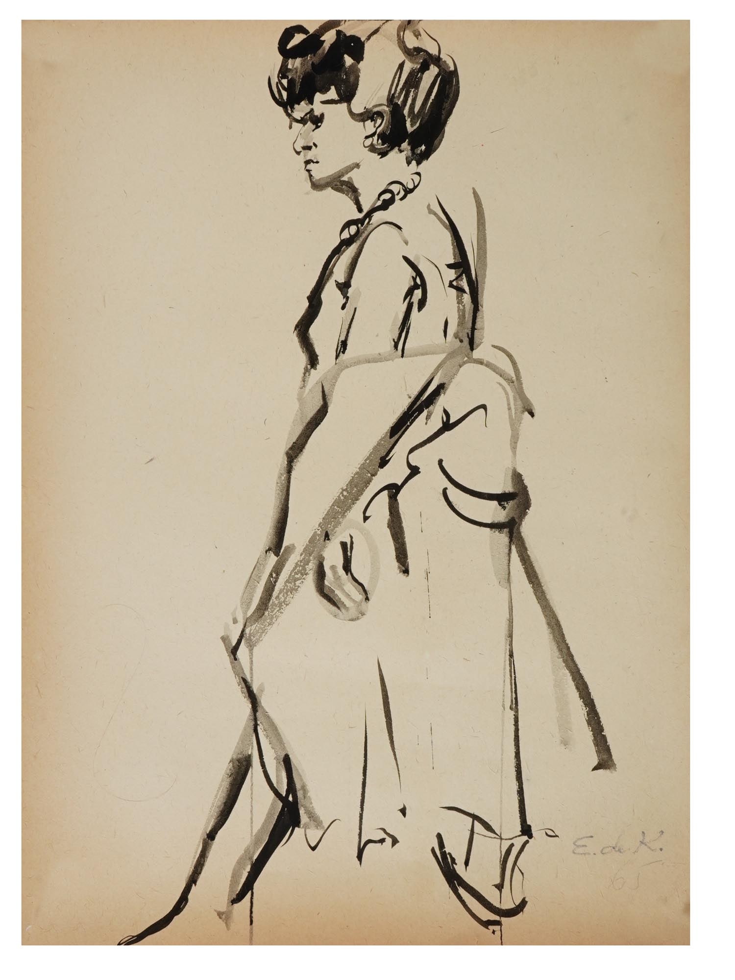 ATTR TO ELAINE DE KOONING MIXED MEDIA PAINTING ON PAPER: Attributed to Elaine Fried de Kooning, American 1918 to 1989, a mixed media painting on paper depicting a sketch portrait of a woman. Signed lower right. Elaine Marie Catherine de Kooning was an Abstr