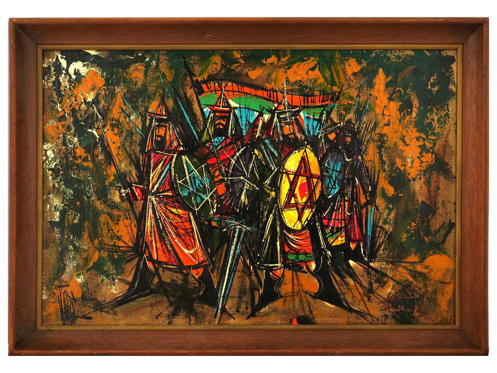 EXPRESSIONIST OIL PAINTING IN BERNARD BUFFET MANNER: An oil painting on canvas depicting a Judaica military campaign scene in the manner of Bernard Buffet, French, 1928 to 1999. Signed by the artist, lower left. Framed. Inscribed, CHXXX, on the backside