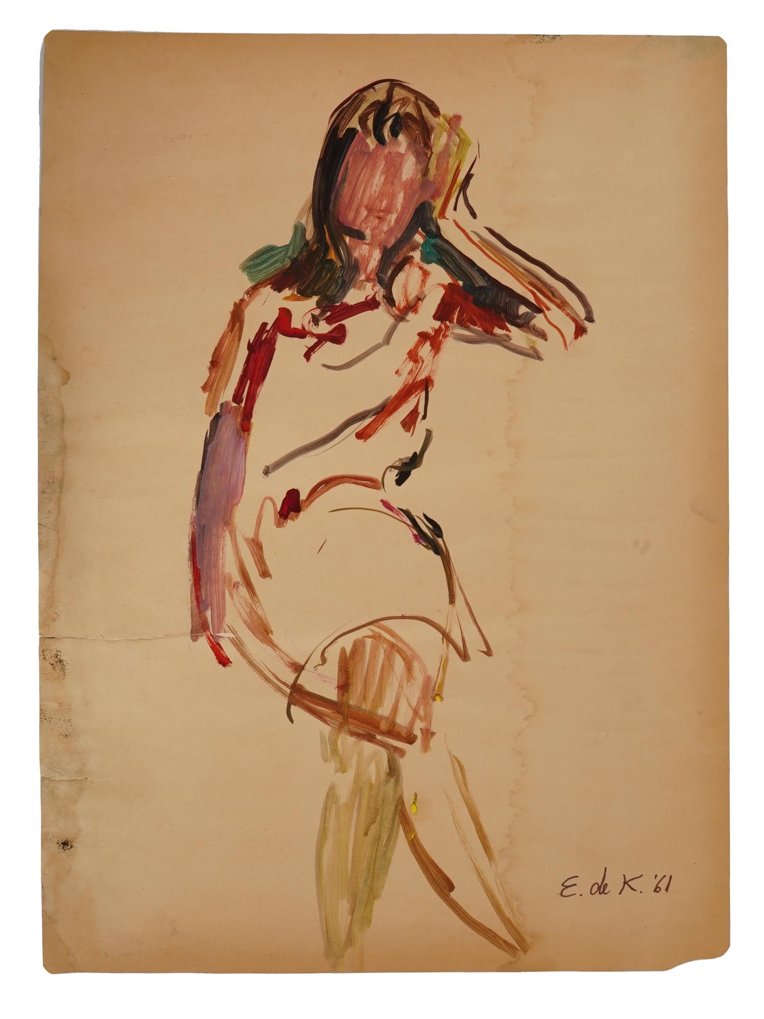 ATTR TO ELAINE DE KOONING AMERICAN WATERCOLOR PAINTING: Watercolor on paper painting. Attributed to Elaine Fried de Kooning, 1918 to 1989, an American Expressionist artist and art critic, wife of the painter Willem de Kooning. The artwork is a study of a s