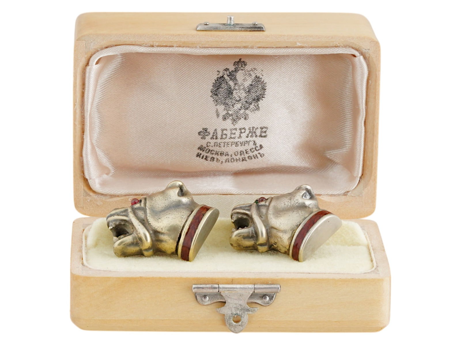 RUSSIAN GILT SILVER BULLDOG CUFFLINKS WITH EMERALDS (1 of 5)