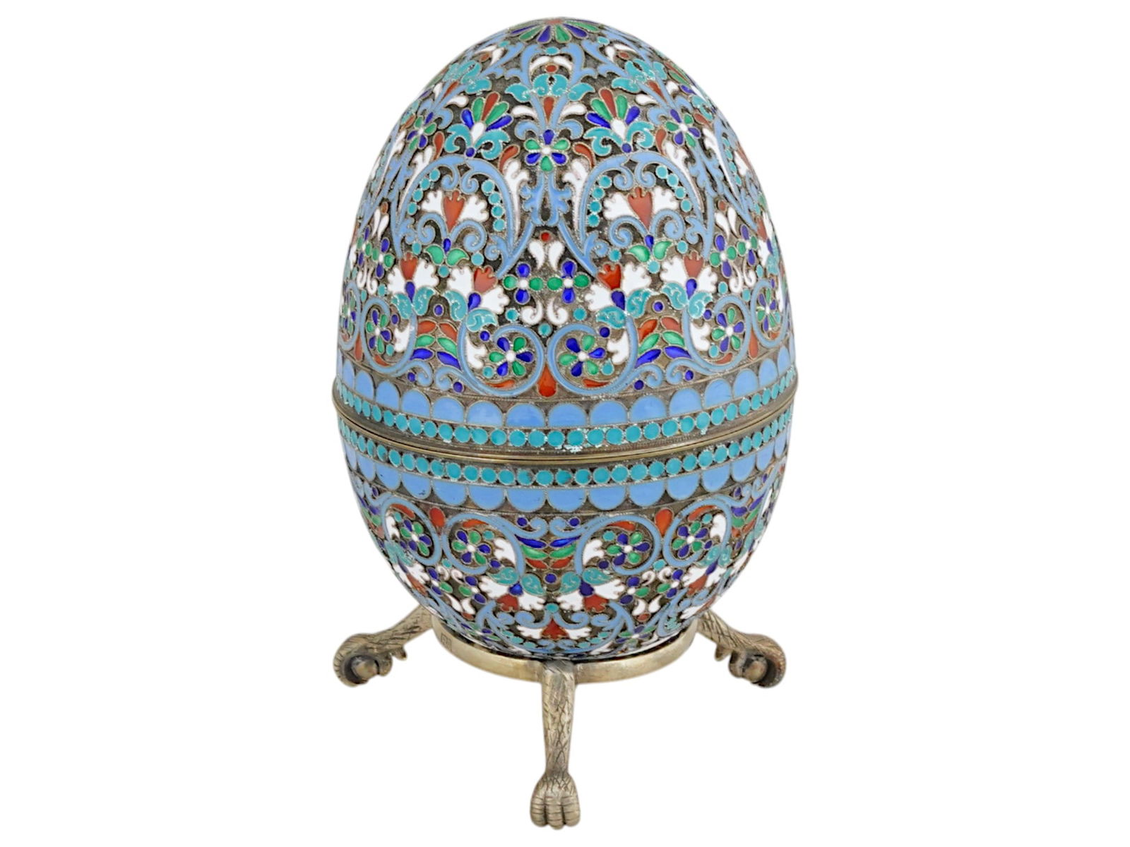 LARGE RUSSIAN SILVER ENAMEL EASTER EGG WITH STAND (1 of 9)