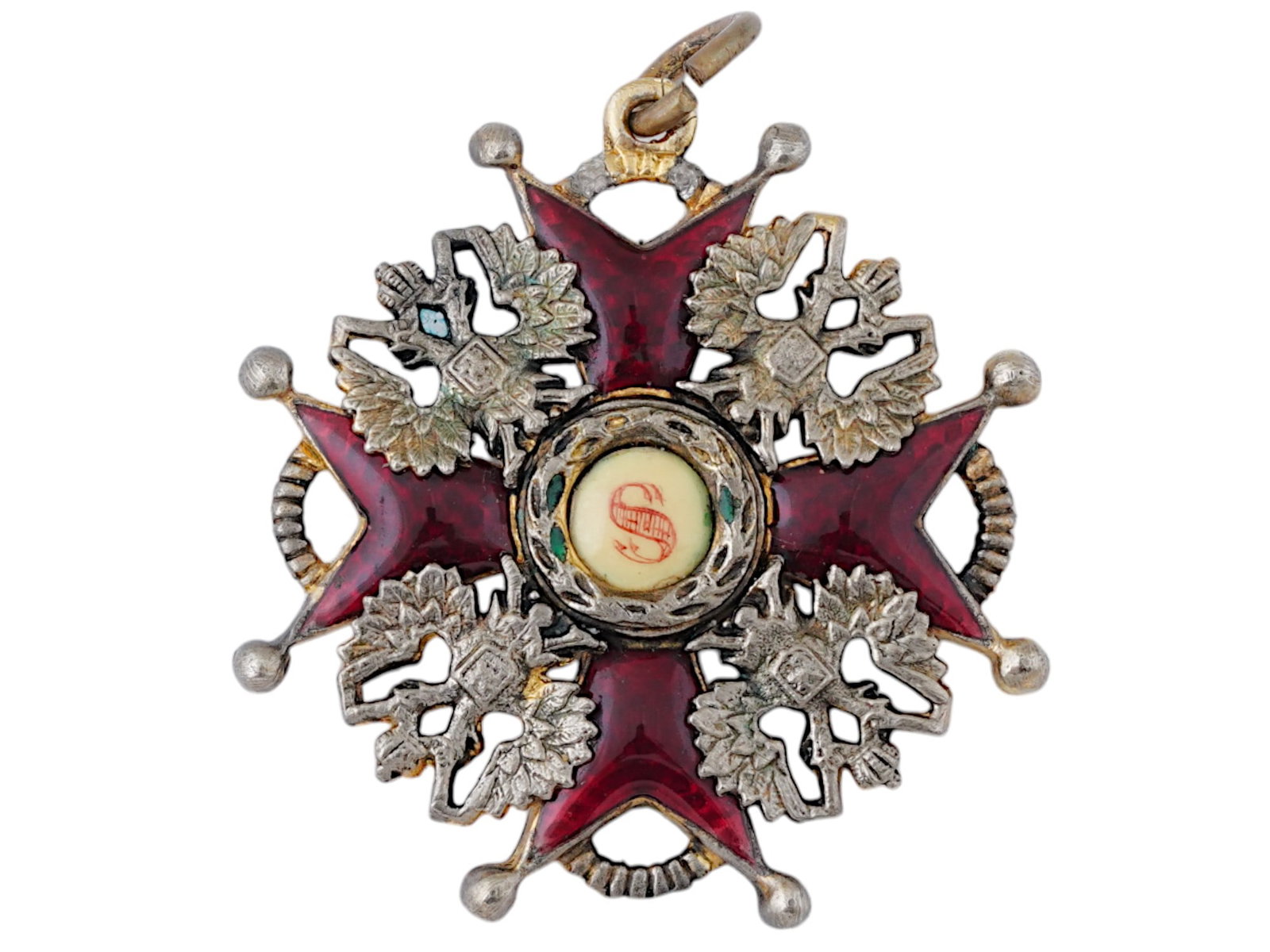 RUSSIAN IMPERIAL ORDER OF ST. STANISLAUS 2ND CLASS: A Russian Imperial Order of St. Stanislaus, 2nd class. Featuring a red enamel Maltese cross with eight sharp points, each adorned with decorative balls. The centerpiece is hand-painted with the initia
