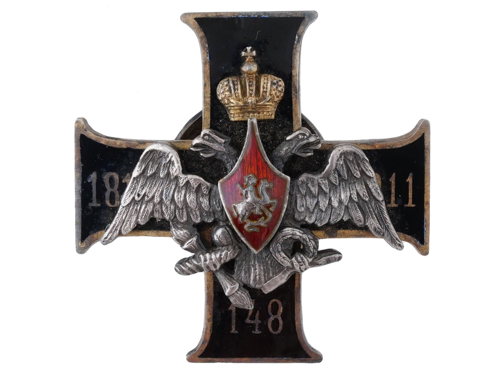 RUSSIAN SILVER BADGE 148TH CASPIAN INFANTRY REGIMENT: A Russian Imperial silver badge of the 148th Her Imperial Highness Grand-Duchess Anastasia Nikolayevnas Caspian Infantry Regiment, Designed as an equilateral cross covered in black enamel, with a crow