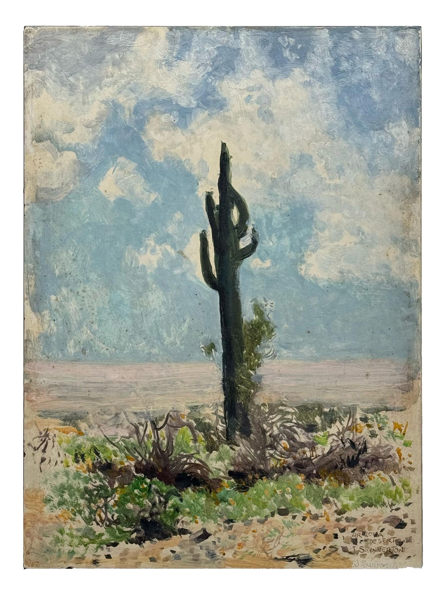 JAMES SWINNERTON AMERICAN OIL PAINTING ARIZONA DESERT: James Swinnerton, American, 1875 to 1974, an oil on board painting Arizona Desert. Titled and signed on the lower right. Note: James Guilford Swinnerton was an American cartoonist and a landscape pain