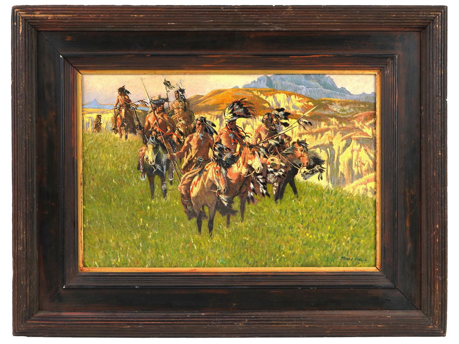 ATTR TO TOM LOVELL AMERICAN WESTERN GENRE PAINTING: Oil on board painting. Attributed to Tom Lovell, 1909 to 1997, an American artist known as a creator of pulp fiction magazine covers and illustrations, and of visual art of the American West. He paint