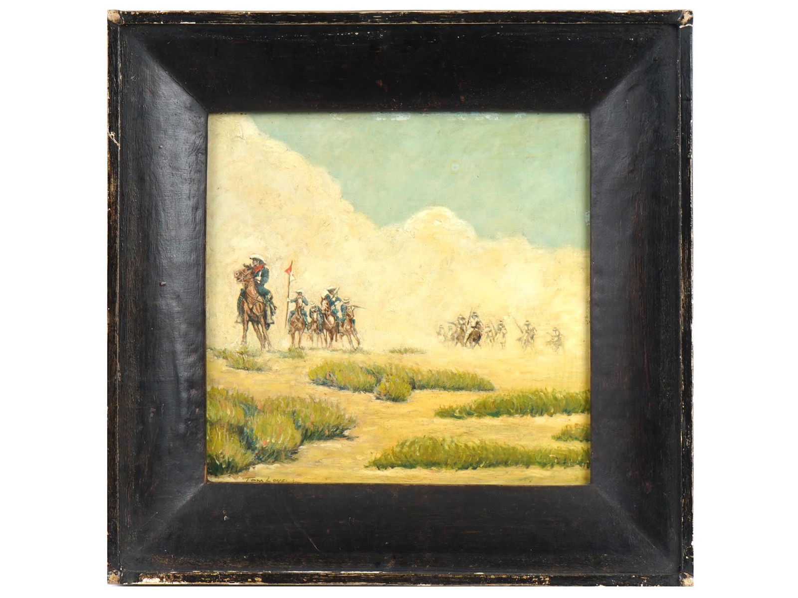 ATTR TO TOM LOVELL AMERICAN WESTERN GENRE PAINTING: Oil on board painting. Attributed to Tom Lovell, 1909 to 1997, an American artist known as a creator of pulp fiction magazine covers and illustrations, and of visual art of the American West. He paint
