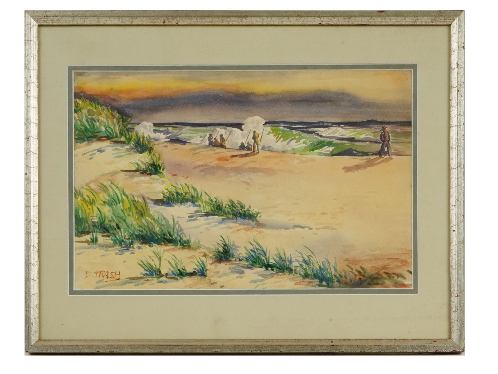 AMERICAN PAINTING SEASHORE SCENE BY DOX THRASH: Dox Thrash, American, 1893 to 1965, a watercolor painting on paper depicting a seashore scene with figures. Signed lower right. Dox Thrash was an African-American artist who was famed as a skilled dra
