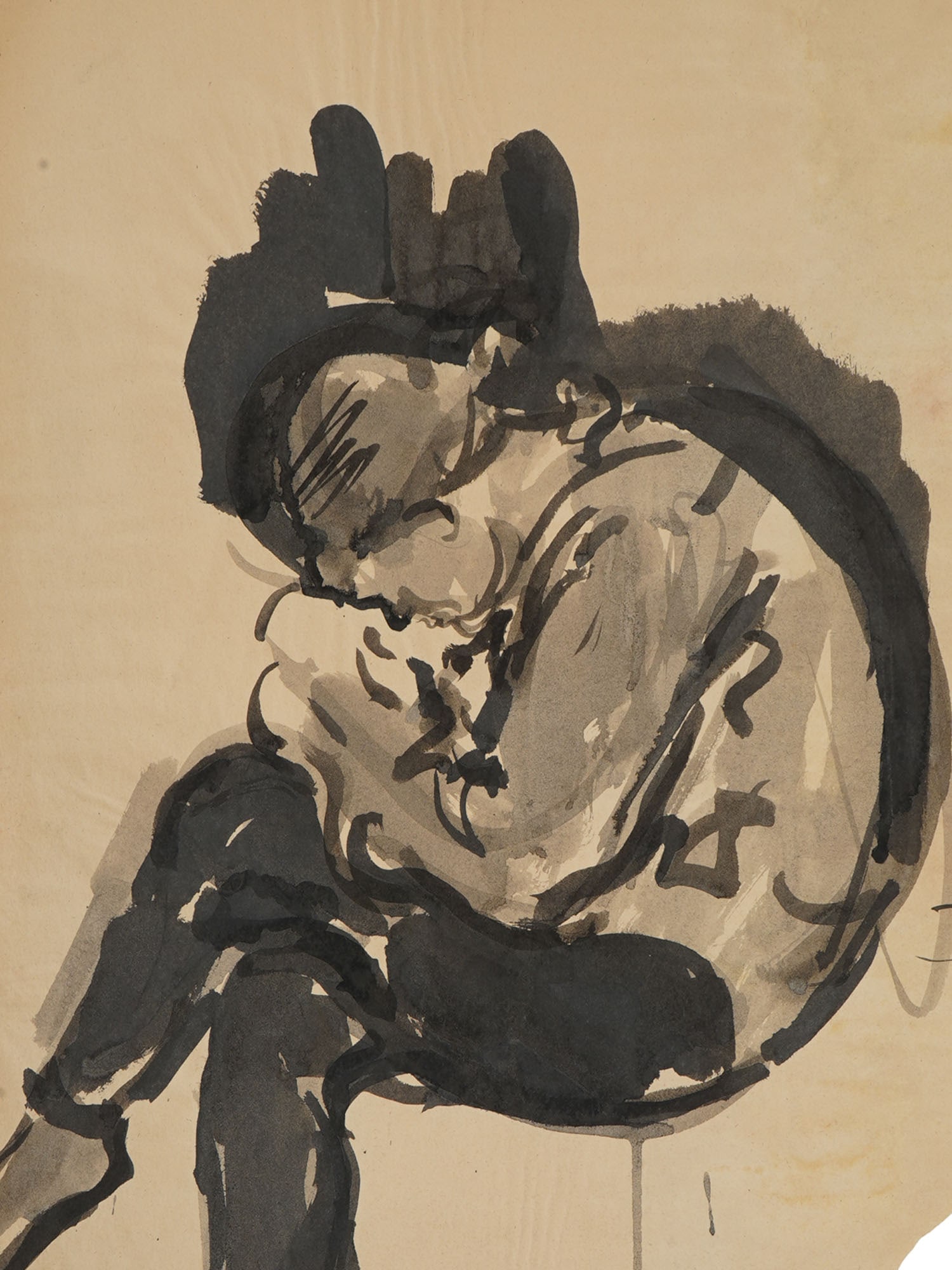 ATTR TO ELAINE DE KOONING MIXED MEDIA PAINTING: Attributed to Elaine Fried de Kooning, American 1918 to 1989, a mixed media painting on paper depicting a portrait. Signed and dated 1964 lower. Elaine Marie Catherine de Kooning was an Abstract Expre