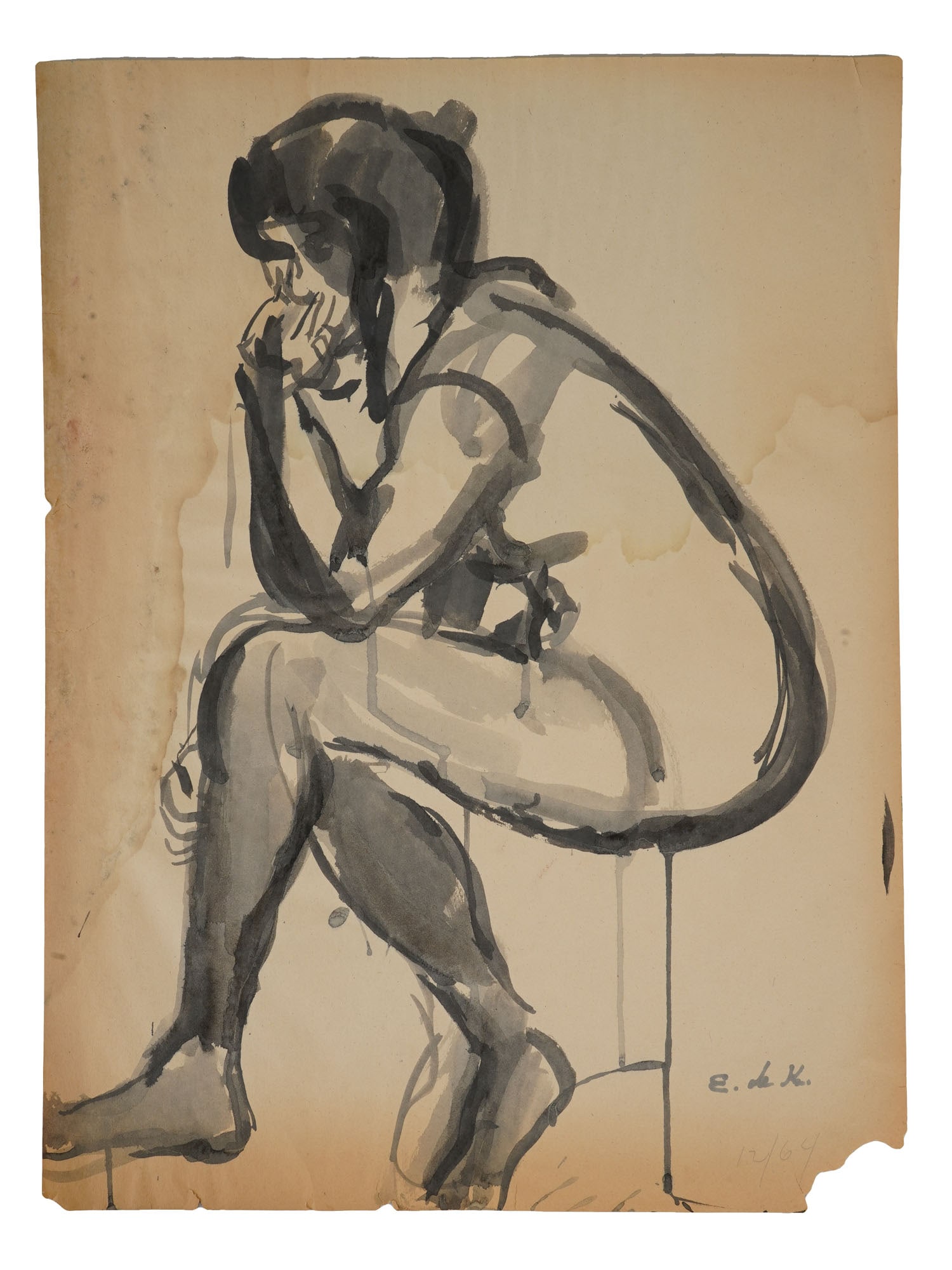 ATTR TO ELAINE DE KOONING MIXED MEDIA PAINTING: Attributed to Elaine Fried de Kooning, American 1918 to 1989, a mixed media painting on paper depicting a portrait of a woman. Signed and dated 1964 lower right. Elaine Marie Catherine de Kooning was
