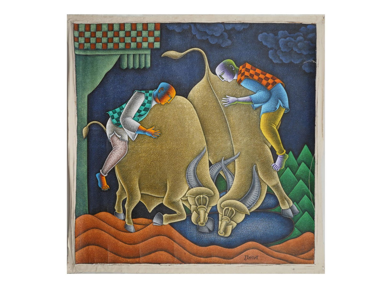 INDIAN FIGURATIVE OIL PAINTING SIGNED SATISH GUJRAL: An oil painting on canvas depicting a figurative scene with a pair of bulls and riders. Signed lower right. Satish Gujral, Indian, 1925 to 2020, was an Indian painter, sculptor, muralist and writer of