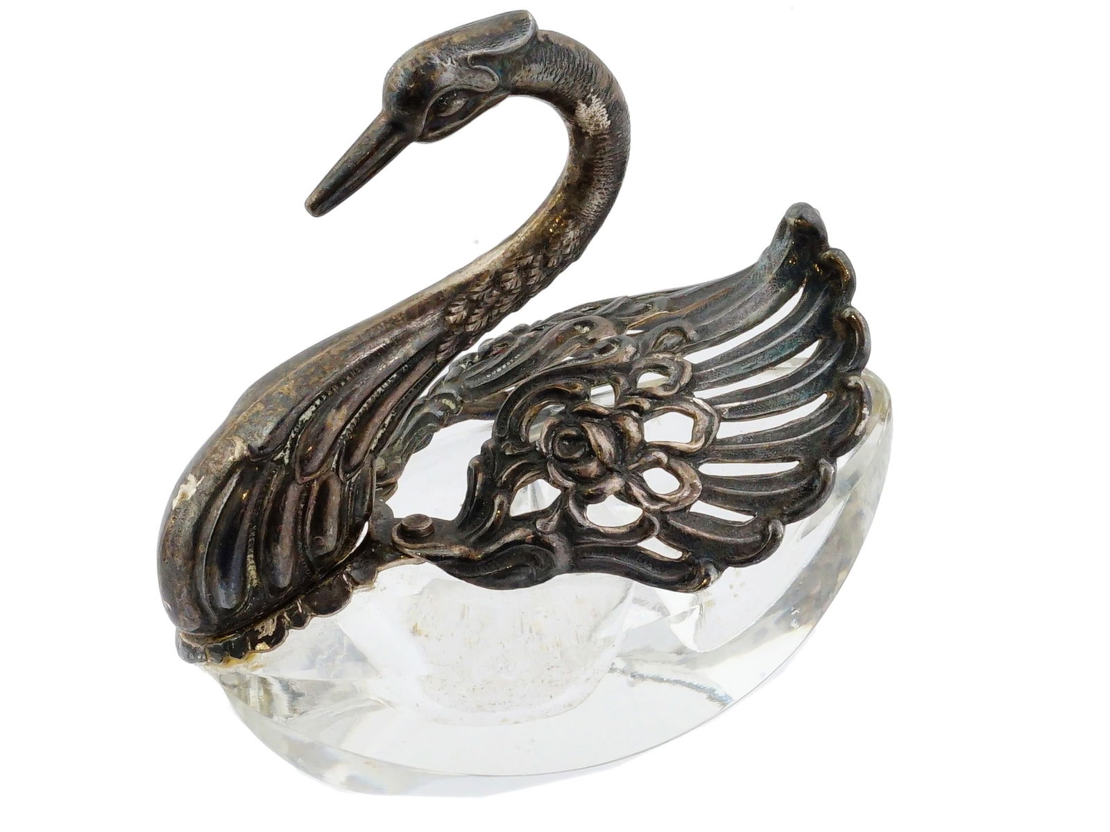 VINTAGE GERMAN CUT CRYSTAL ST SILVER SWAN SALT CELLAR (1 of 10)