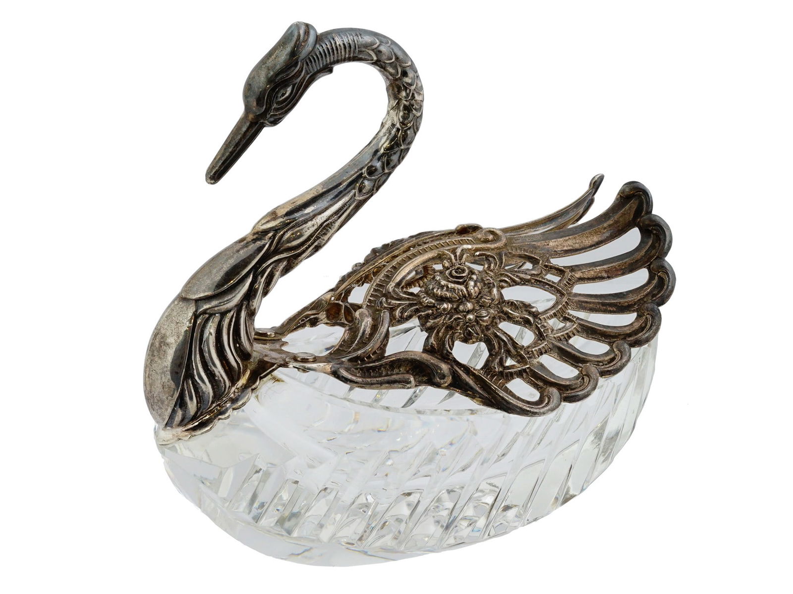 VINTAGE GERMAN CUT CRYSTAL ST SILVER SWAN SALT CELLAR (1 of 9)