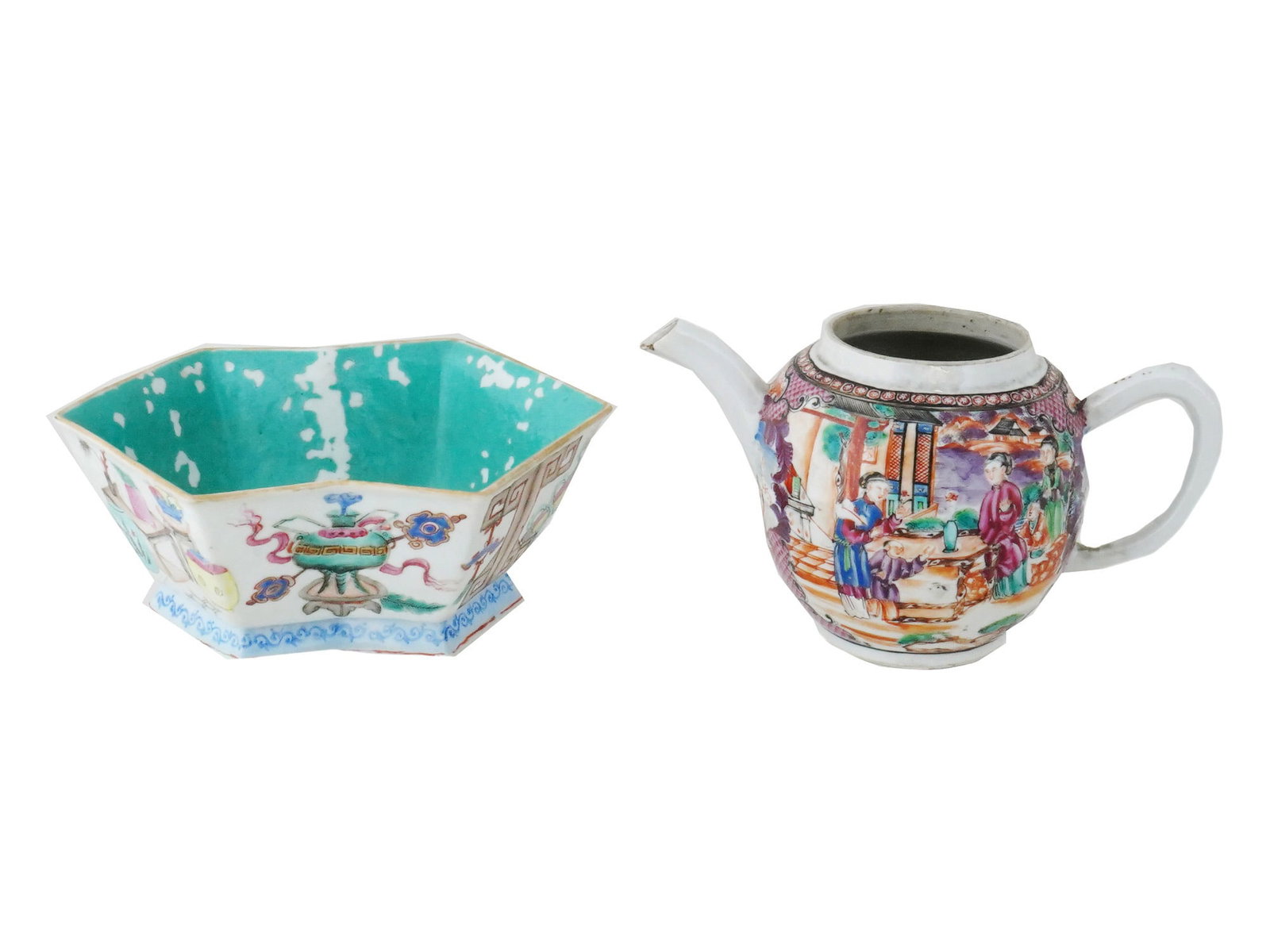 ANTIQUE 19TH C CHINESE PORCELAIN BOWL AND TEAPOT: A lot of two antique 19th century Chinese porcelain wares. An enameled porcelain octagonal bowl.. The bowl is raised on a base and decorated with hand painted traditional Chinese still lifes. Gilt rim
