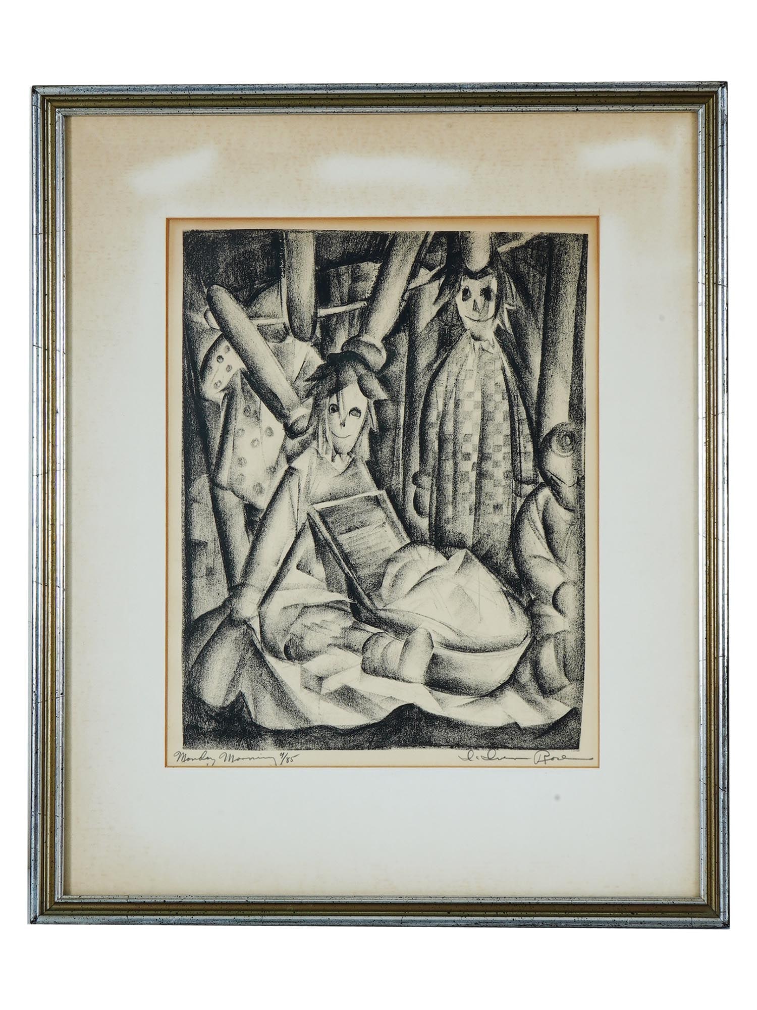 IVER ROSE AMERICAN LITHOGRAPH MONDAY MORNING: Iver Rose, American, 1899 to 1972, a lithograph titled Monday Morning and numbered 9 of 85 lower left and signed by the artist lower right. Matted and framed. During the early 1920s, Over Rose moved t