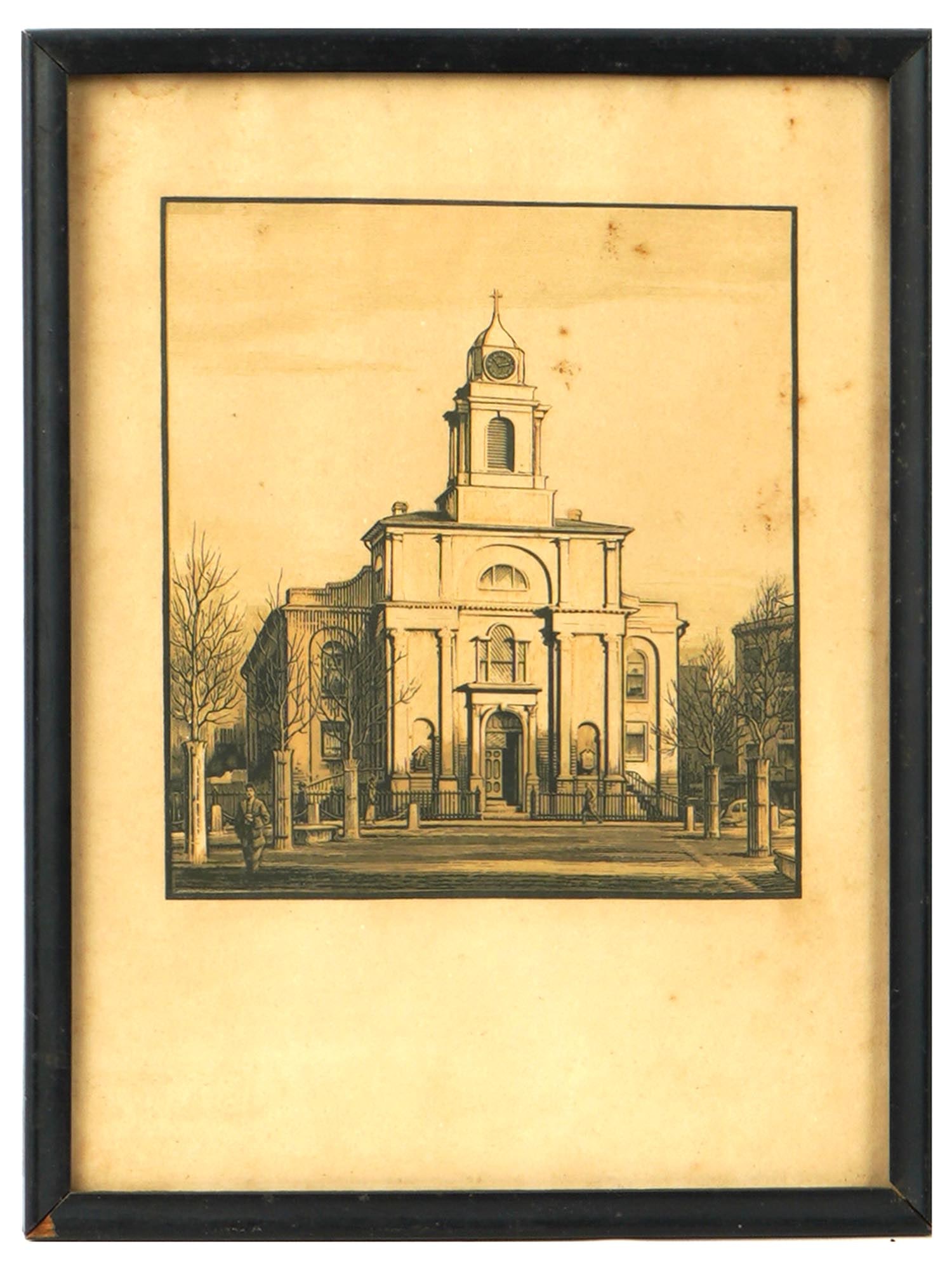 ENGRAVING BY PERCY GRASSBY ST. STEPHEN CHURCH BOSTON: Percy Grassby, British, 1882 to 1973, a color wood engraving depicting St. Stephen church in Boston. Singed by the artist in block. Framed. Percy Grassby worked mainly out of Boston. He was best known