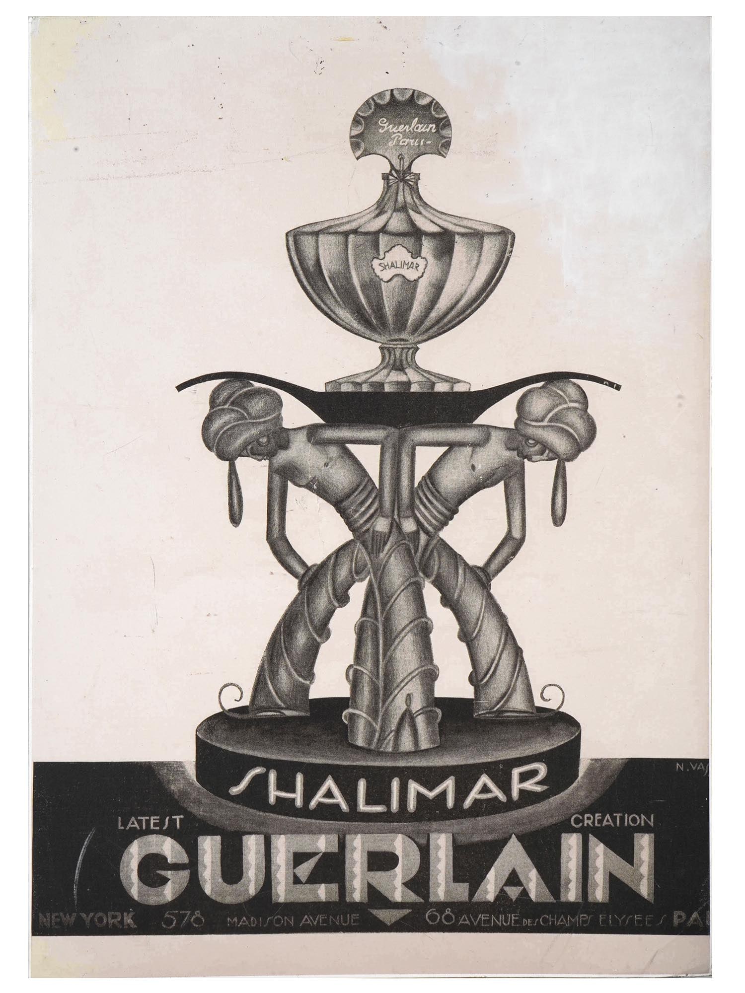 VINTAGE GUERLAIN SHALIMAR PERFUME ADS POSTER: A vintage Guerlain poster on canvas board, featuring an Art Deco style advertisement for Shalimar perfume. The poster is rendered in grayscale and depicts a perfume bottle resting on a stand supported
