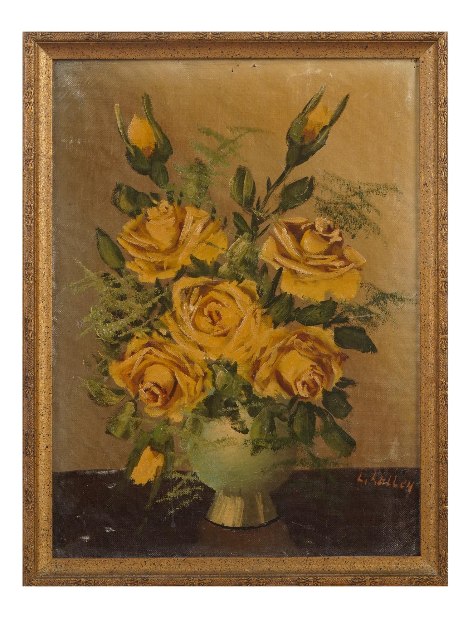 MID CENTURY AMERICAN PAINTING SIGNED L. KALLEY: A mid century American oil painting on canvas depicting a still life composition with flowers. Signed lower right L. Kalley. Framed. Mid Century American Paintings And Art Collectibles. Dimensions: Fr