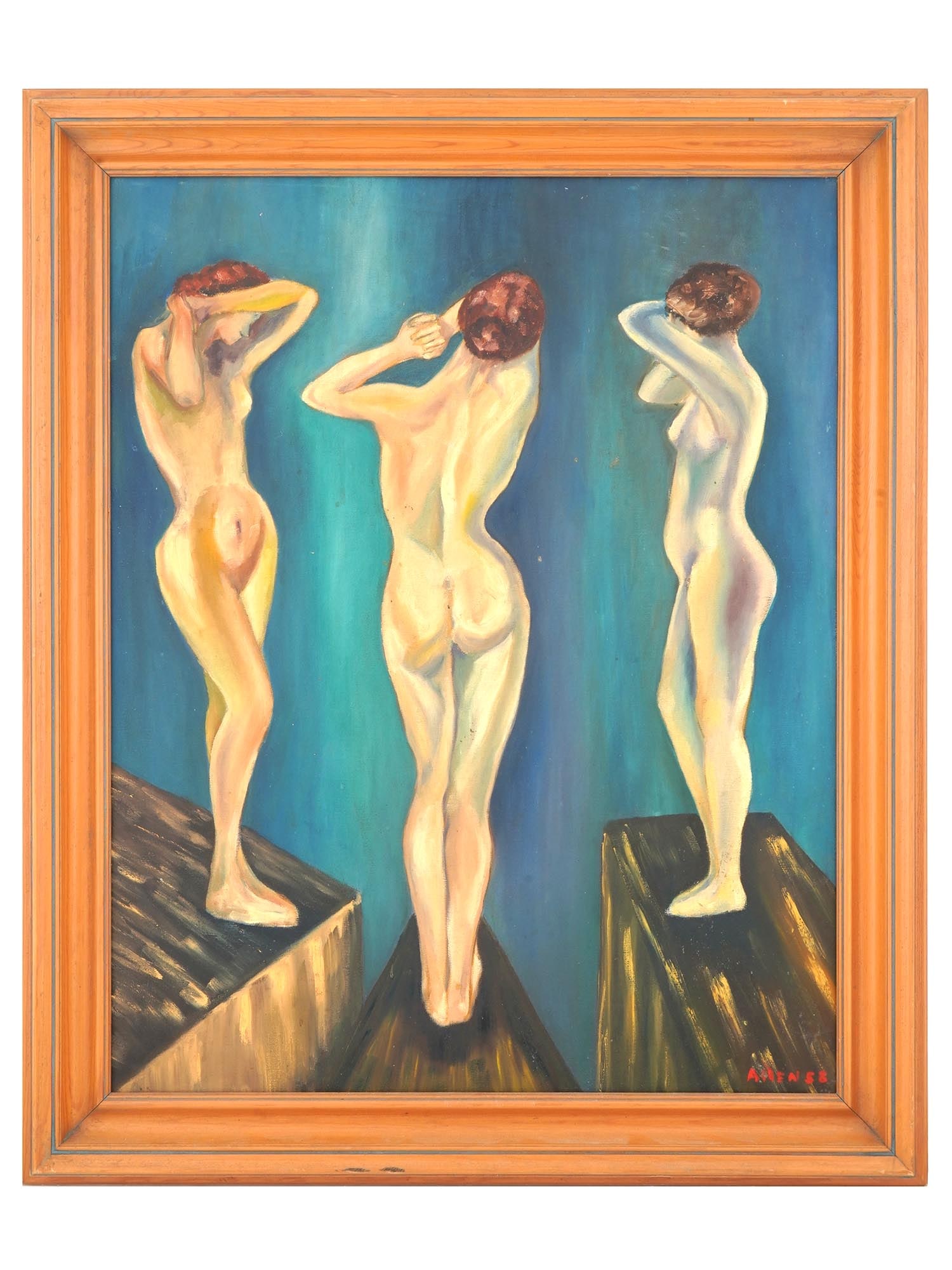 MID CENT AMERICAN FEMALE NUDE OIL PAINTING SIGNED: Oil on canvas painting. American, mid-20th century. The artwork depicts three nude women in the Three Graces iconography. Illegibly signed by the artist and dated 1958 in the lower right. Framed. Coll