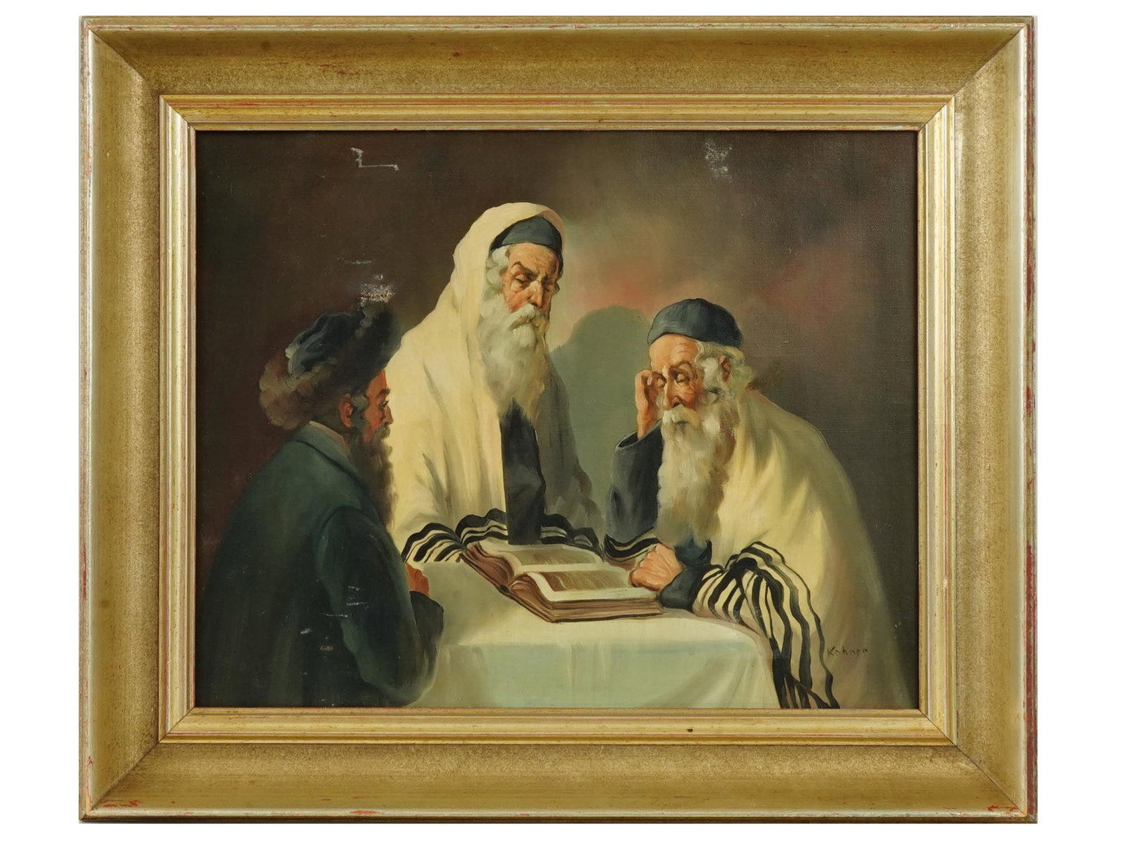 ATTR TO HANS KOHEN JUDAICA HUNGARIAN OIL PAINTING: Attributed to Hans Kohnen, Hungarian, 1910 to 1970, oil painting on canvas depicting an interior scene with Rabbis. Signed lower right. Framed. Hans Kohnen was a Hungarian painter, known for Judaica p