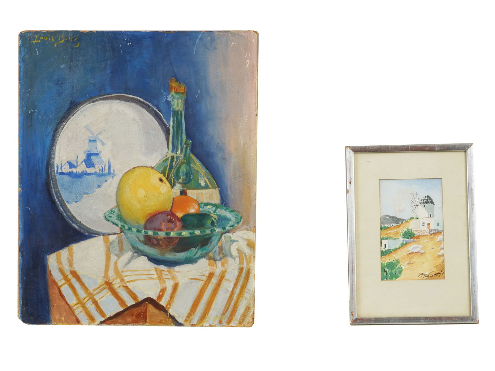 OIL PAINTING BY LOUIS BETTS AND SIGNED WATERCOLOR: Two vintage paintings. One is an oil painting on board depicting a still life with fruit, signed Louis Betts, 1873 to 1961, American painter, especially noted for his portraits. And the other is a wat