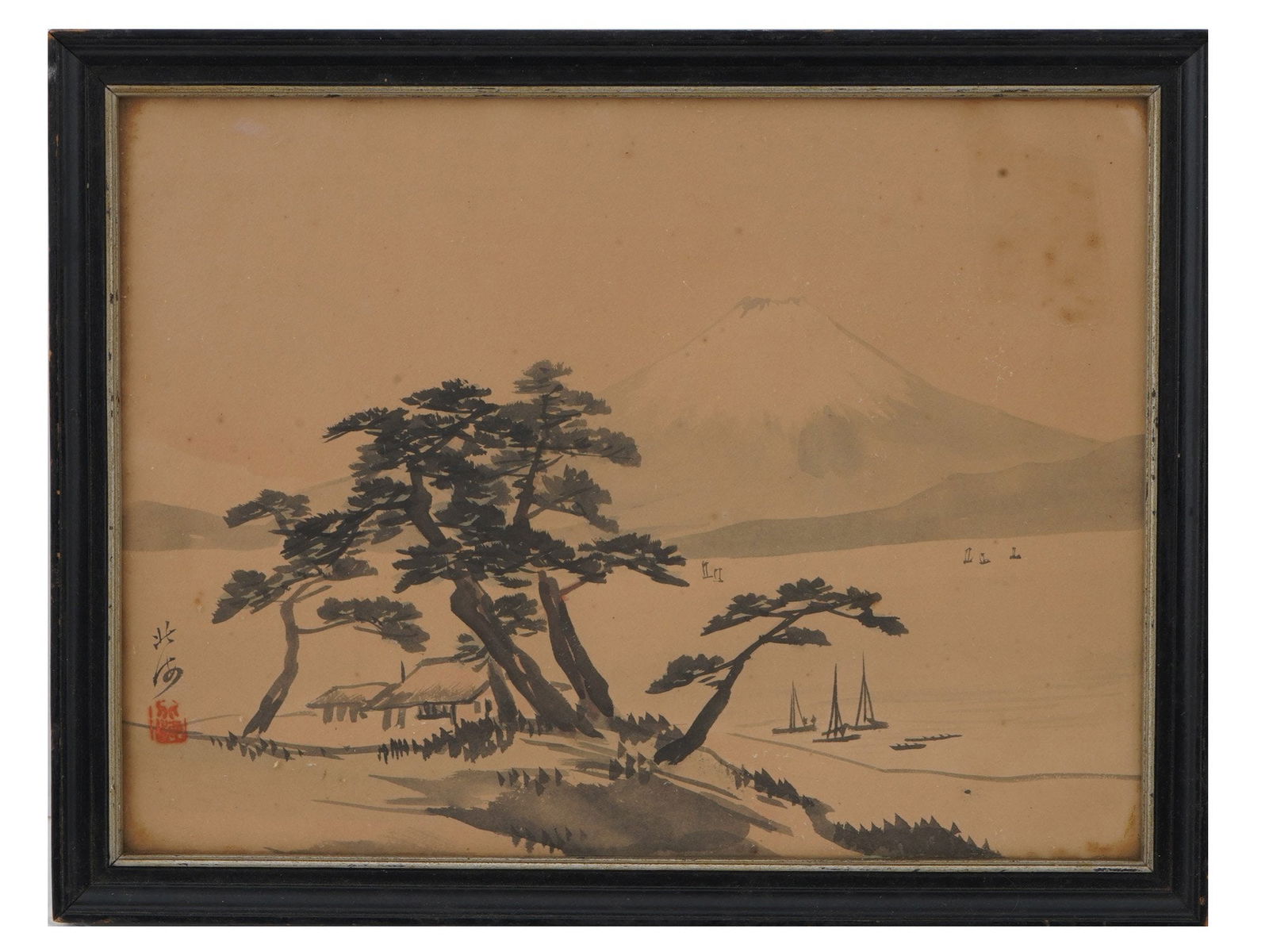 SMALL JAPANESE MOUNTAIN MIXED MEDIA PAINTING SIGNED (1 of 6)