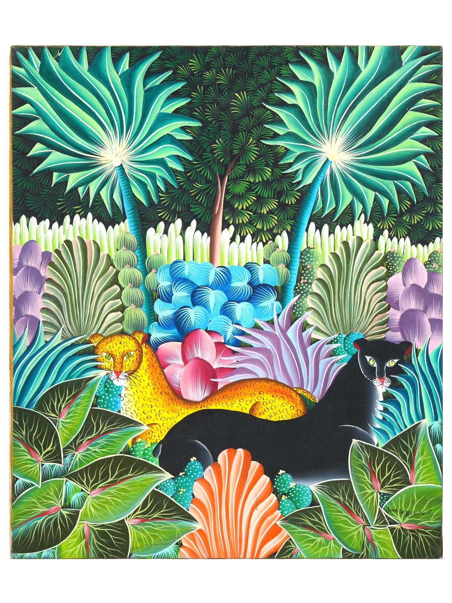 JACKSON CHARLOT HAITIAN OIL PAINTING THE JUNGLE: Oil on canvas painting by Jackson Charlot, a contemporary Haitian artist. The artwork depicts a panther and leopard in the jungle. Signed by the artist in the lower right. Undated. Unframed. Collectib