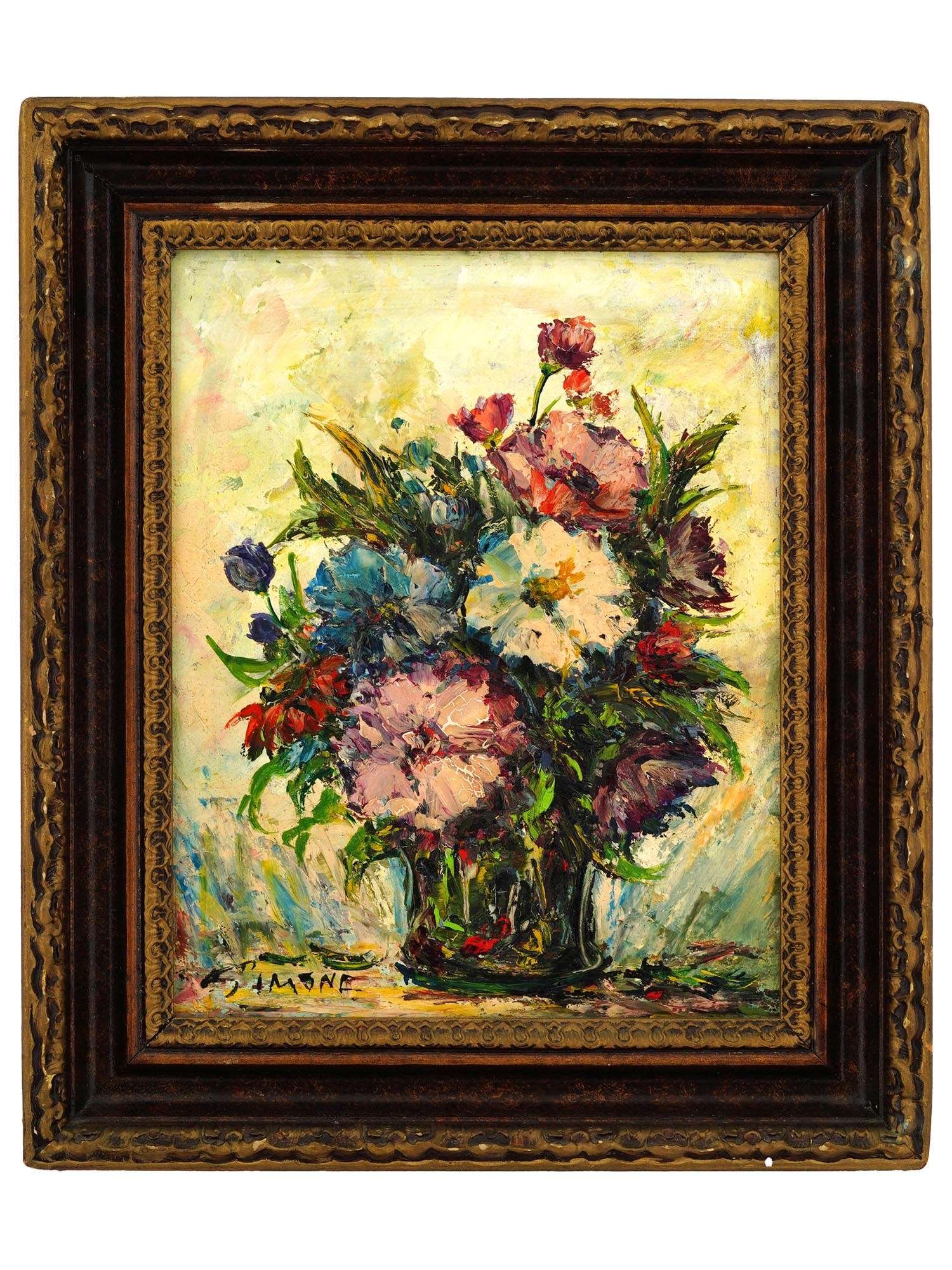 PAINTING OIL ON MASONITE SIGNED SIMONE: An oil painting on masonite of a vibrant floral still life. Signed lower left Simone. The painting is done in an impressionistic style with visible brushstrokes, showing a bouquet of flowers in a dark