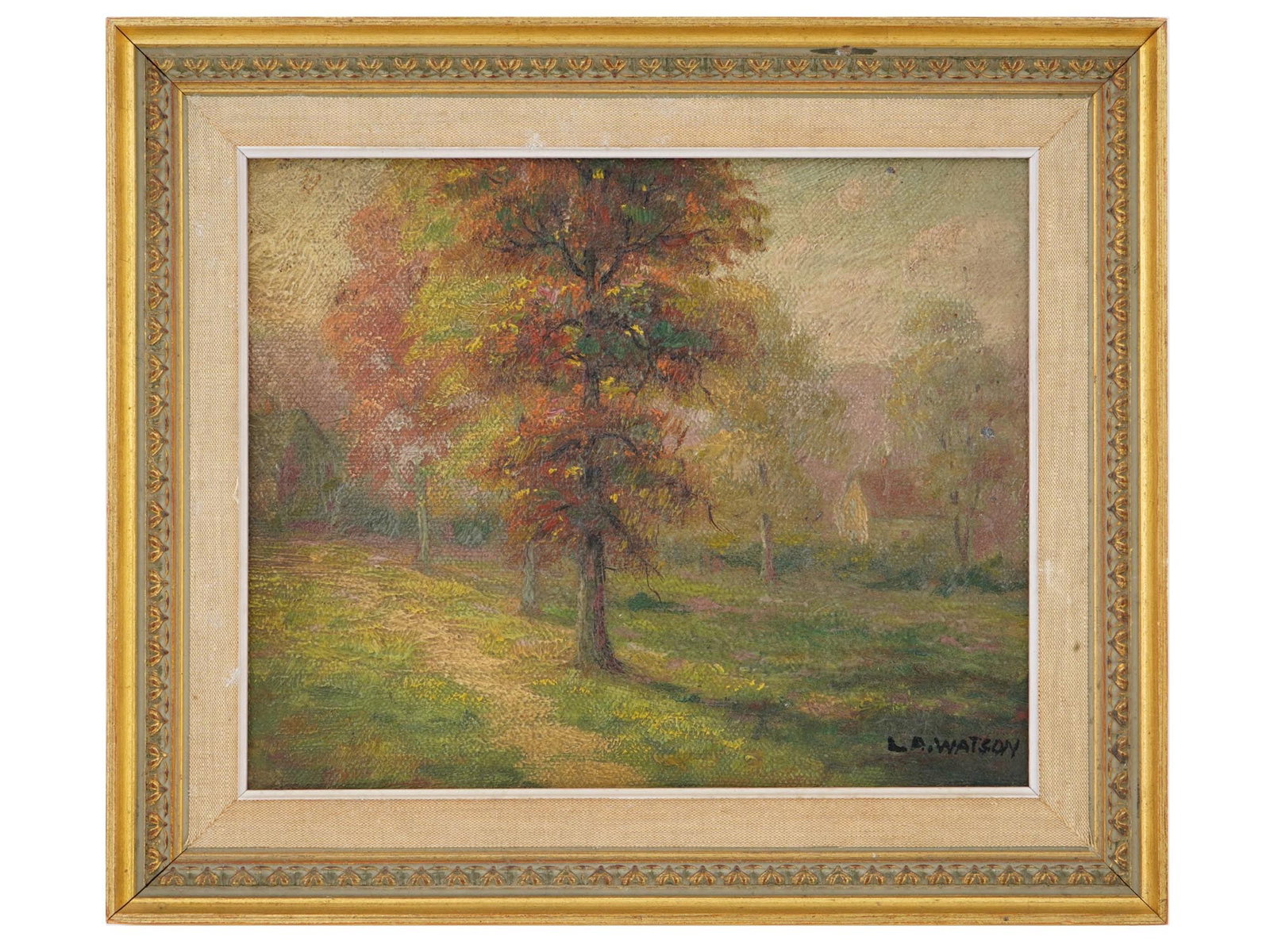 AMERICAN RURAL LANDSCAPE OIL PAINTING SIGNED: Oil on canvas painting. American, mid-20th century. The artwork depicts a landscape with cottage houses. Signed by the artist in the lower right, L.A. Watson. Golden frame. Collectible Fine Art And Wa