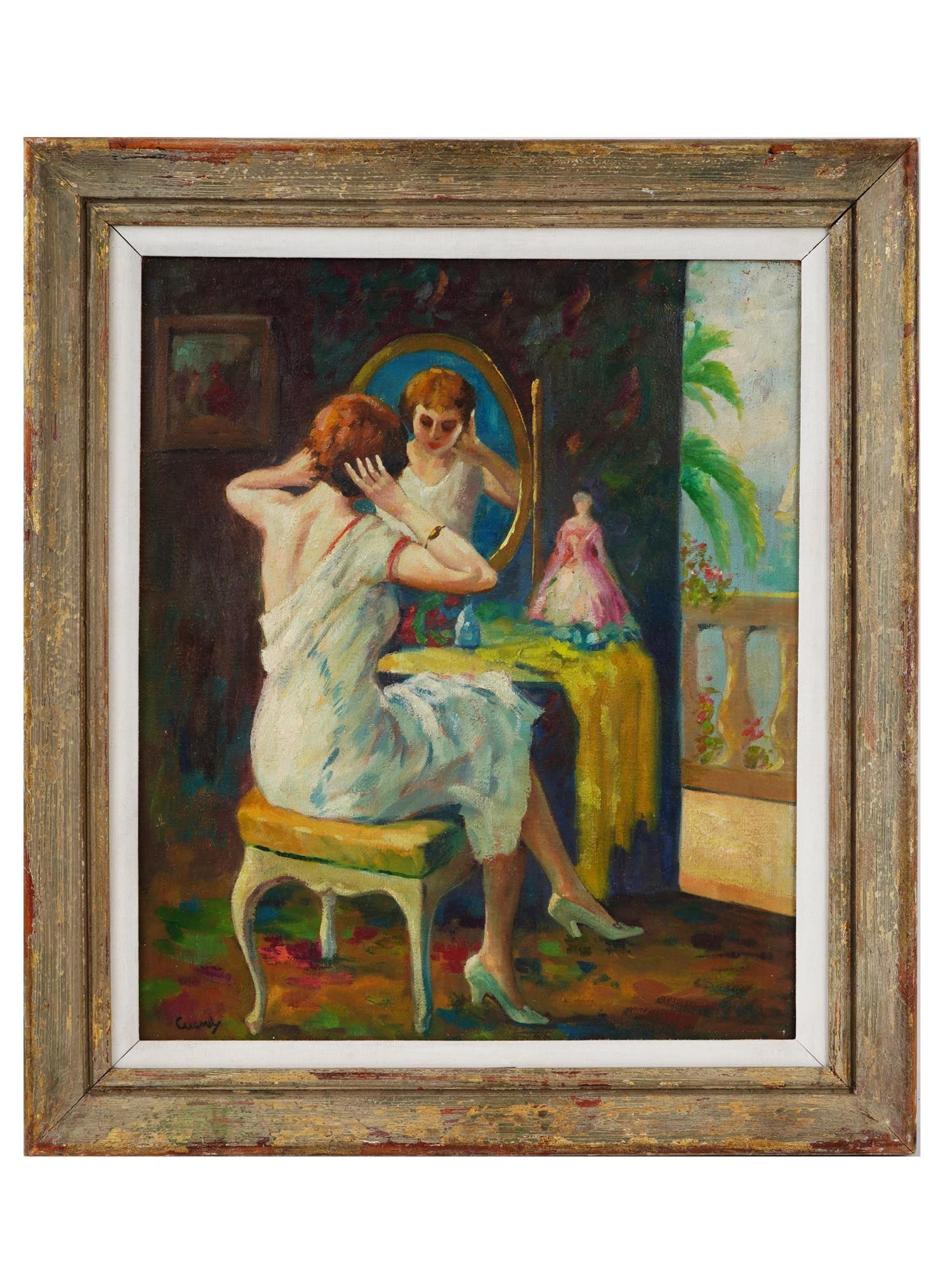 MID CENT AMERICAN GENRE PAINTING BY EDWARD CUCUEL: Oil on canvas painting by Edward Alfred Cucuel, 1875 to 1954, an American Impressionist artist and illustrator. The artwork depicts a young woman at the dressing table. Undated. Signed by the artist i