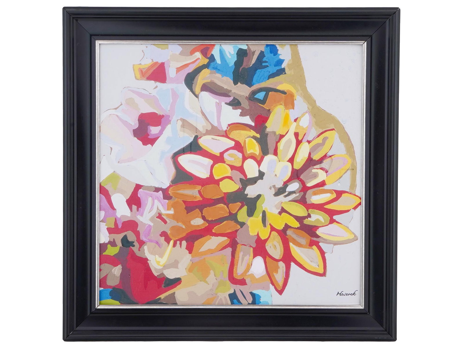 FLORAL STILL LIFE ACRYLIC PAINTING BY HESCOCK: Acrylic on canvas painting. The artwork depicts chrysanthemum flowers. Abstract pictorial manner, vivid color palette. Signed by the artist in the lower right, Hescock. Black frame. Wall Art For Inter