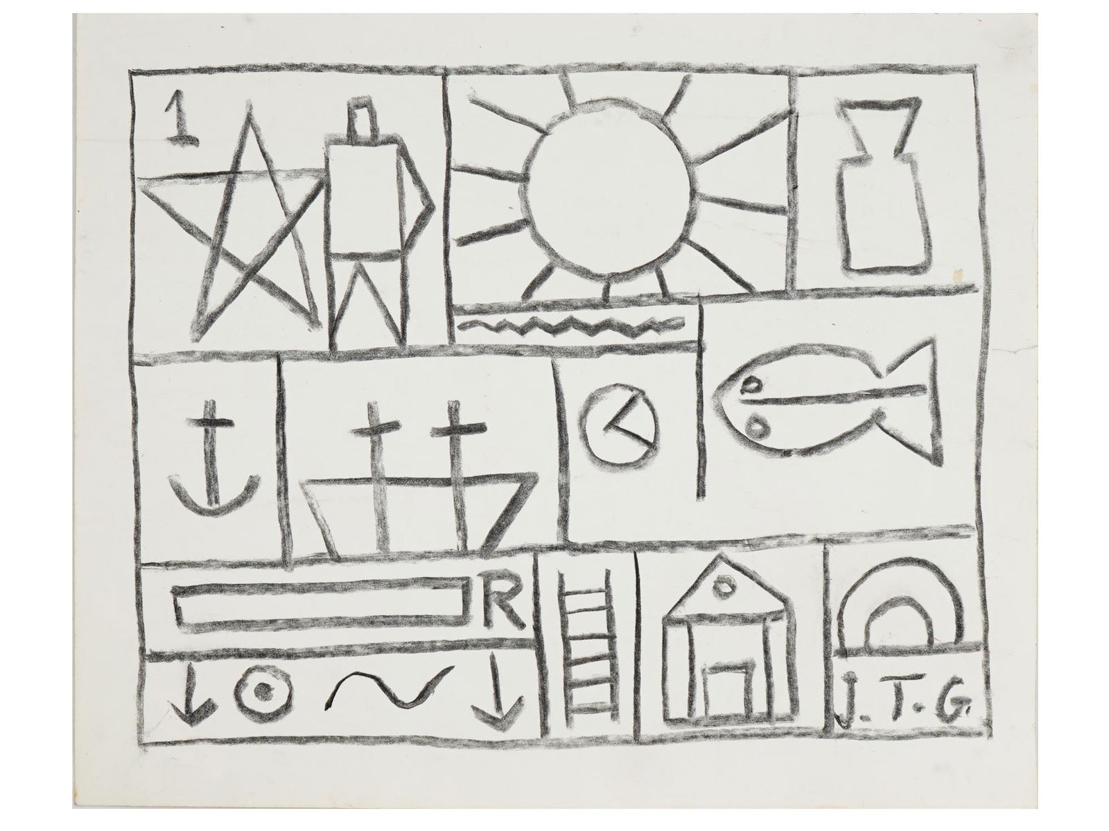 AFTER JOAQUIN TORRES GARCIA SPANISH CHARCOAL PAINTING (1 of 4)