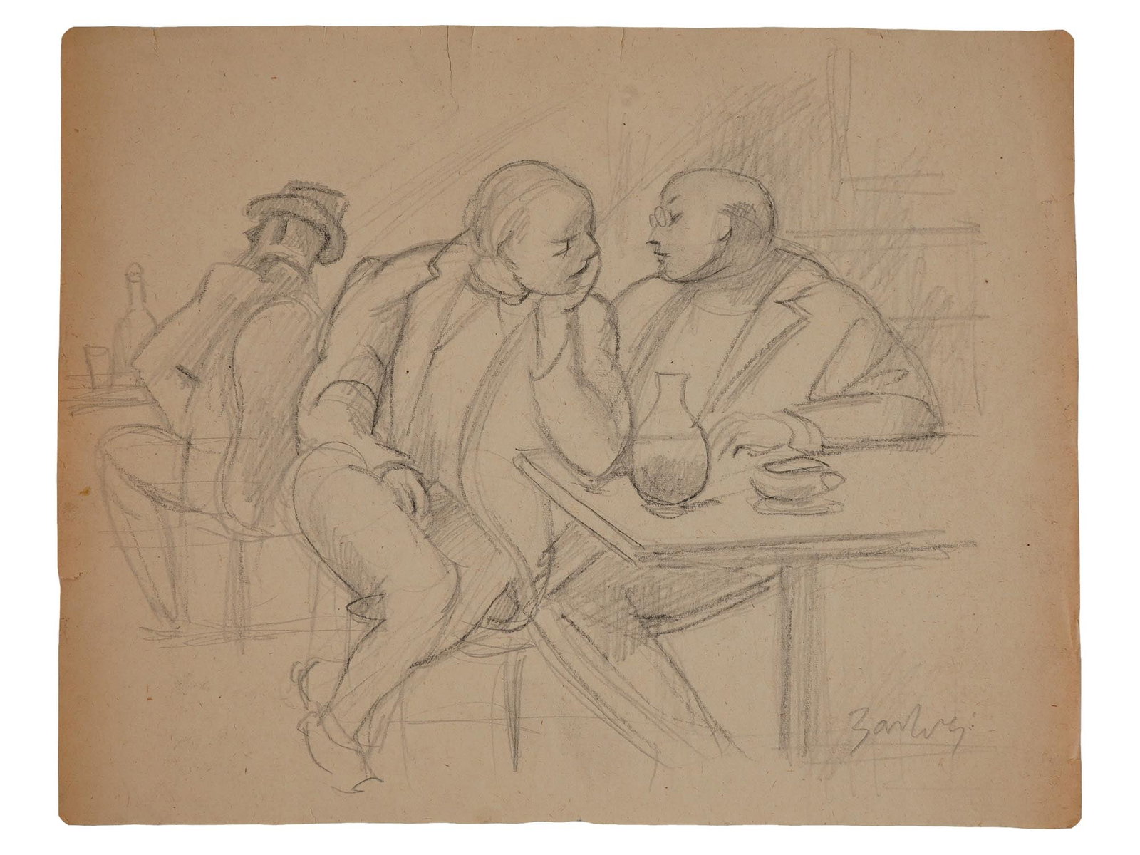 MODERNIST PAINTING HUMAN FIGURES IN THE CAFE SIGNED: A pencil drawing on paper depicting human figures in the cafe. Signed lower right illegibly. Modernist Drawings And Art CollectiblesLOT CONDITION & DESCRIPTION: All items are sold "as is". The auction
