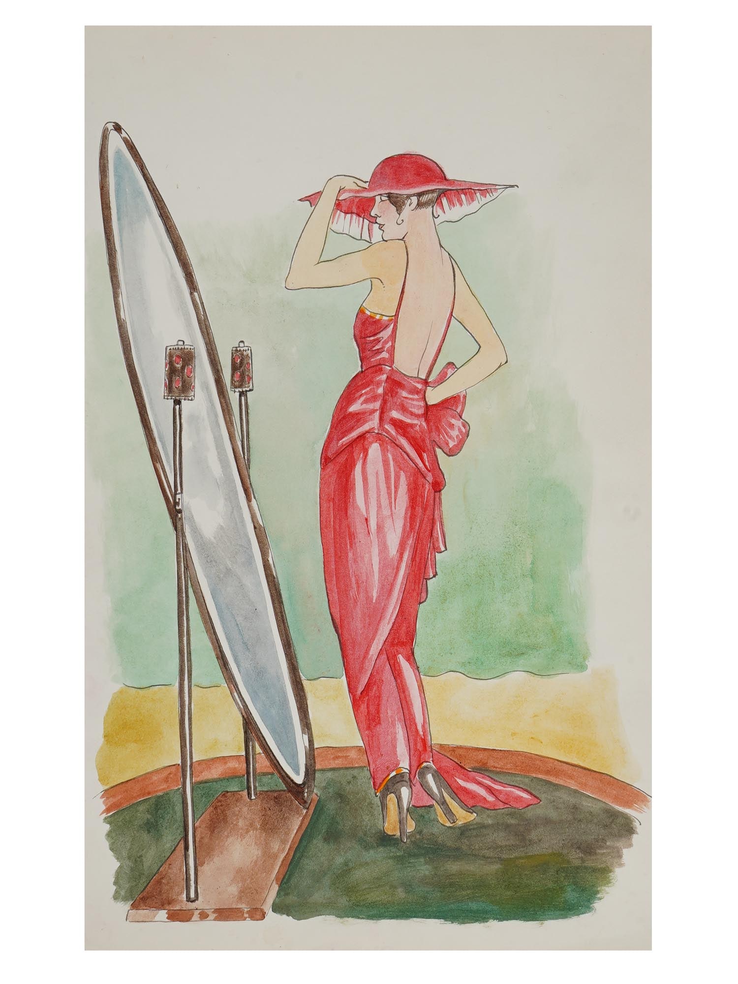 PRE WWII FASHION ILLUSTRATION WATERCOLOR PAINTING: Watercolor and ink on paper painting. Latin American, late 20th century. The artwork depicts a young woman in 1930s attire, a red dress with open back and a matching hat, looking at herself in the mir
