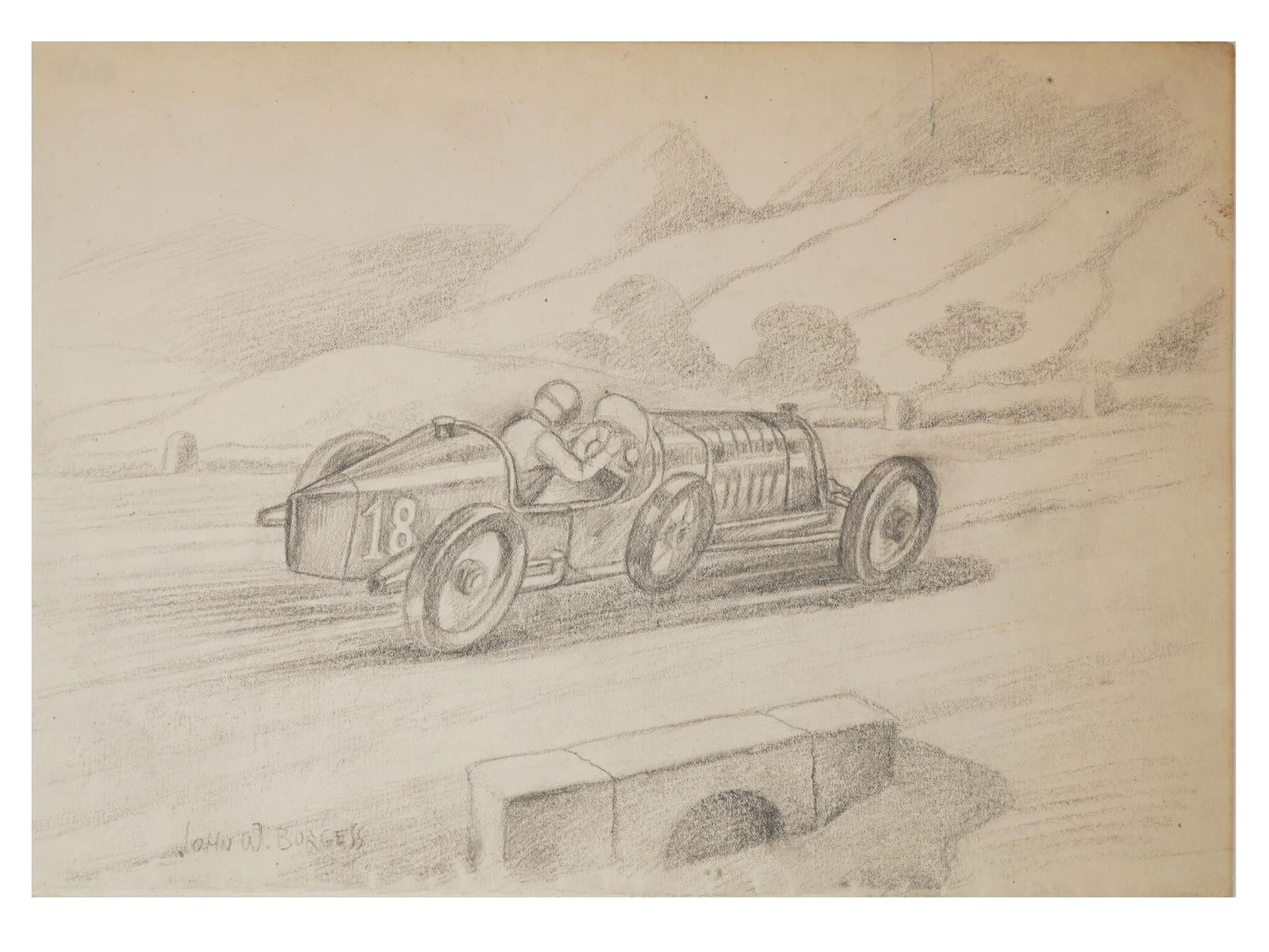 BUGATTI TYPE 35 RACE CAR GRAPHITE PAINTING SIGNED (1 of 4)