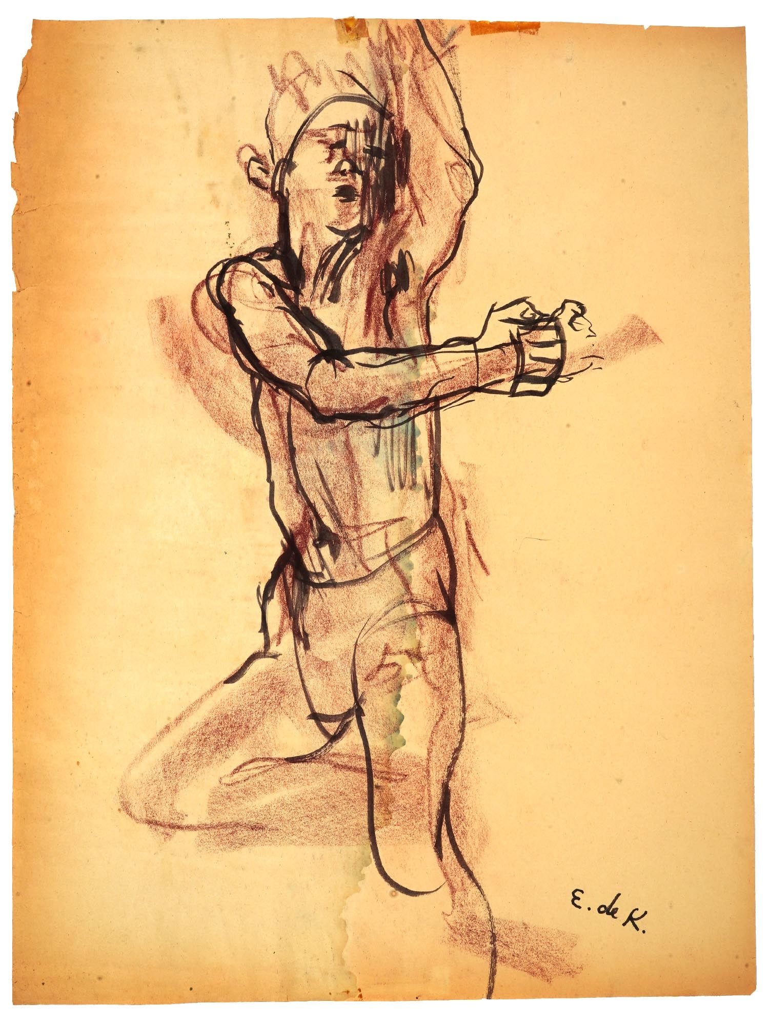 ATTRIBUTED TO ELAINE DE KOONING MIXED MEDIA PAINTING: Attributed to Elaine Fried de Kooning, American 1918 to 1989, a mixed media painting on paper depicting a study of a portrait of a reclining man. Signed lower right. Elaine Marie Catherine de Kooning