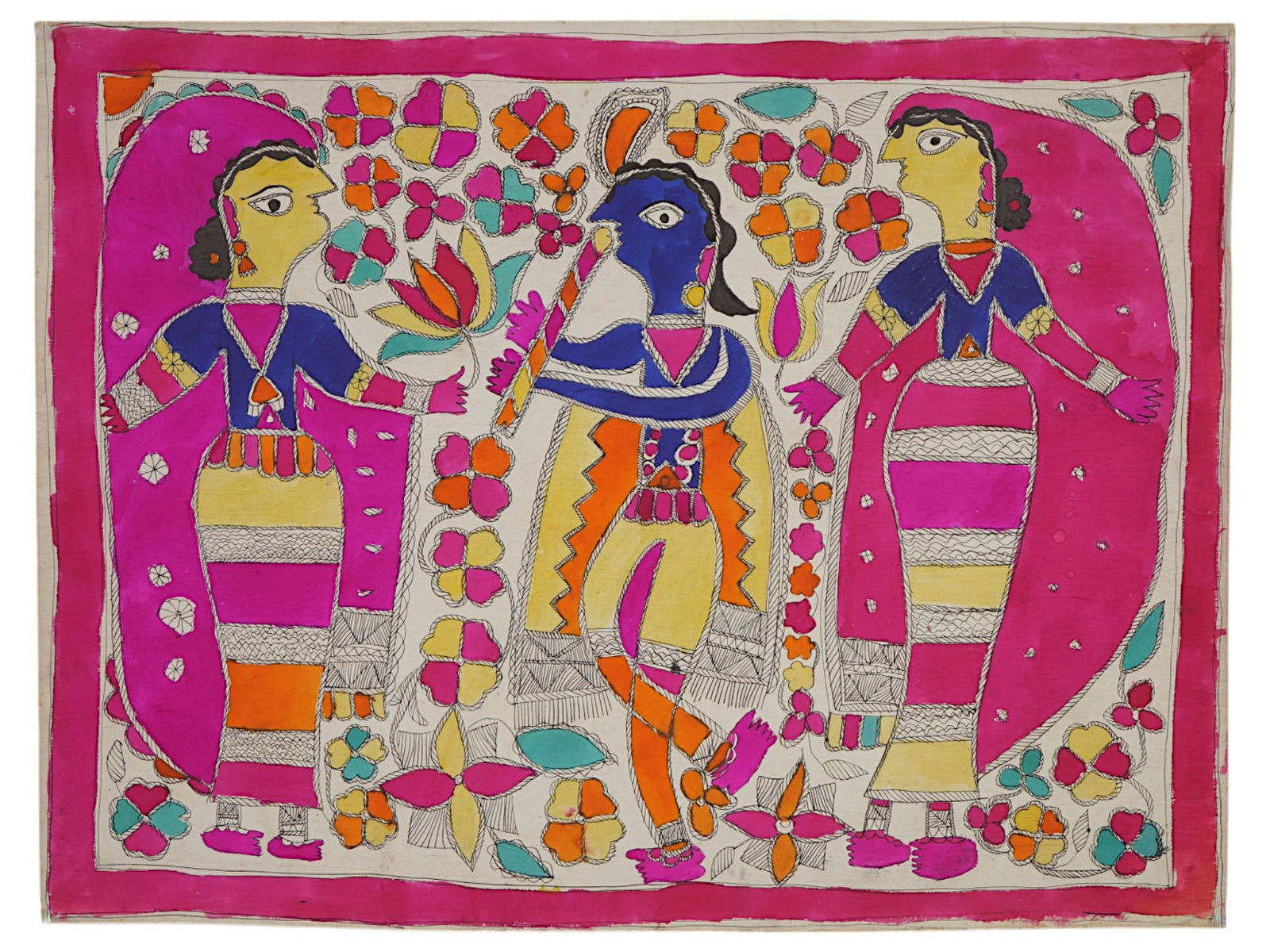 INDIAN MADHUBANI FOLK ART MIXED MEDIA PAINTING (1 of 8)