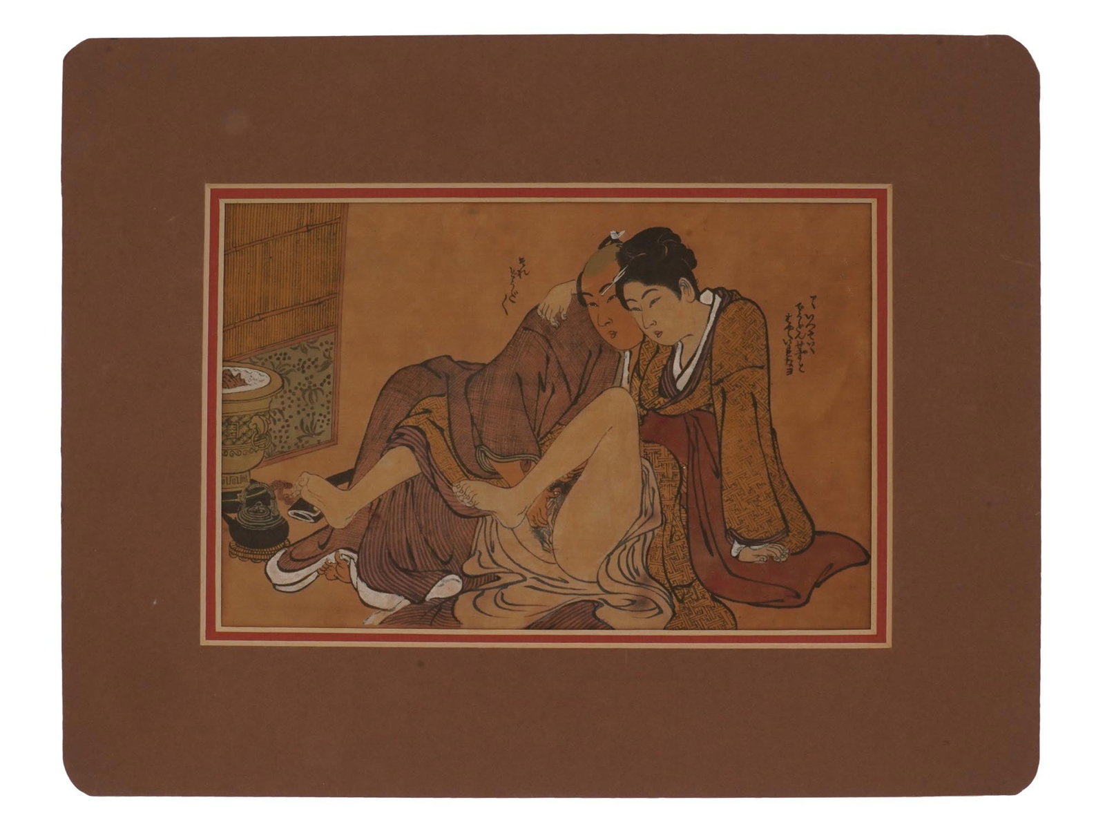 ANTIQUE MEIJI ERA JAPANESE EROTIC SHUNGA PAINTING: An antique Japanese late Meiji period, 1868 to 1912, erotic Shunga painting depicting a couple making love, painted in ink and color on silk. Features a hieroglyphic inscription to the upper right and