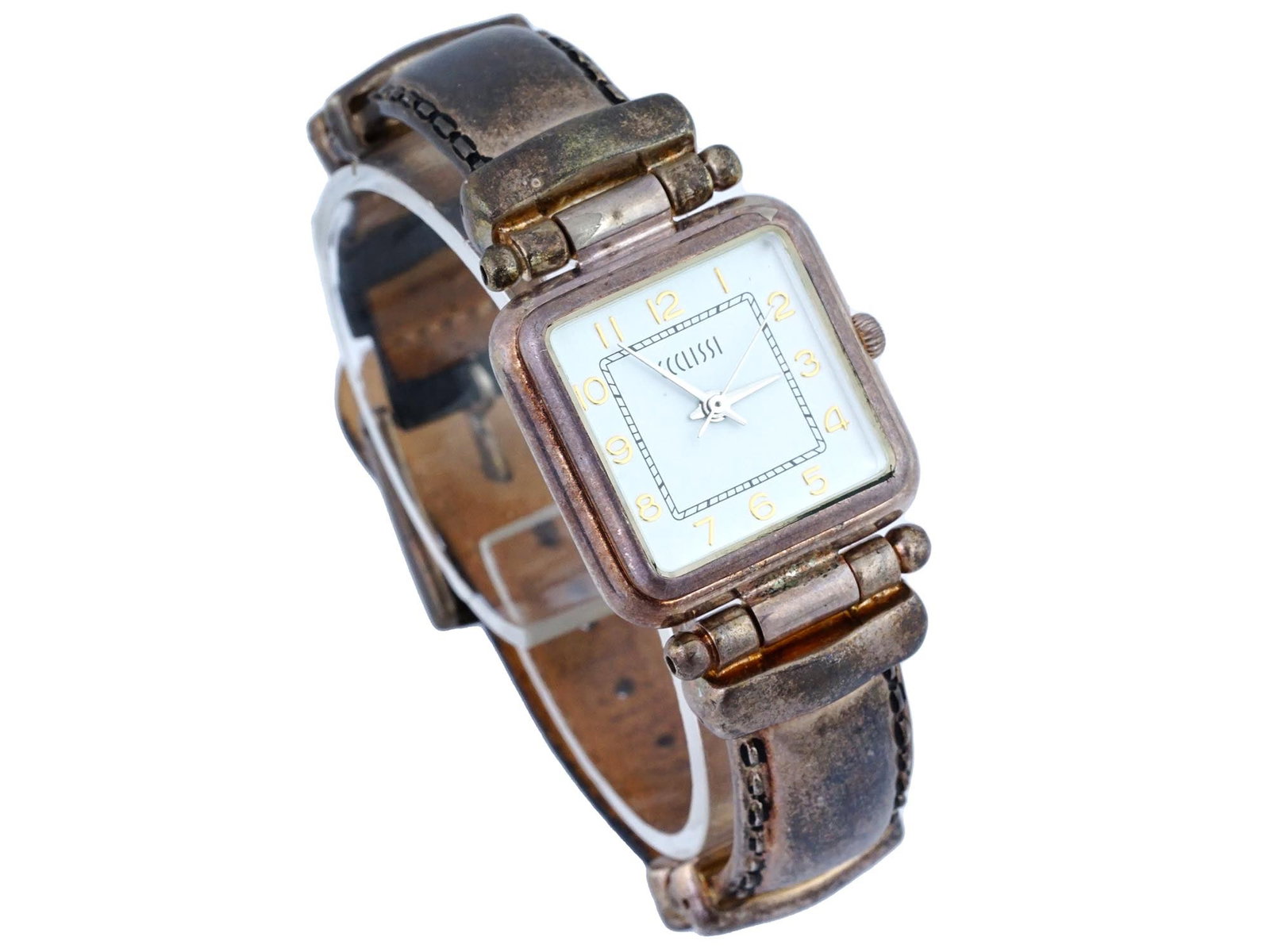 VINTAGE SILVER ECCLISSI WOMENS WRISTWATCH: A vintage silver ECCLISSI womens wristwatch. The neat white rectangular dial with gold tone Arabic numerals. The watch strap is made of black genuine leather up to the middle, stitched with white thre