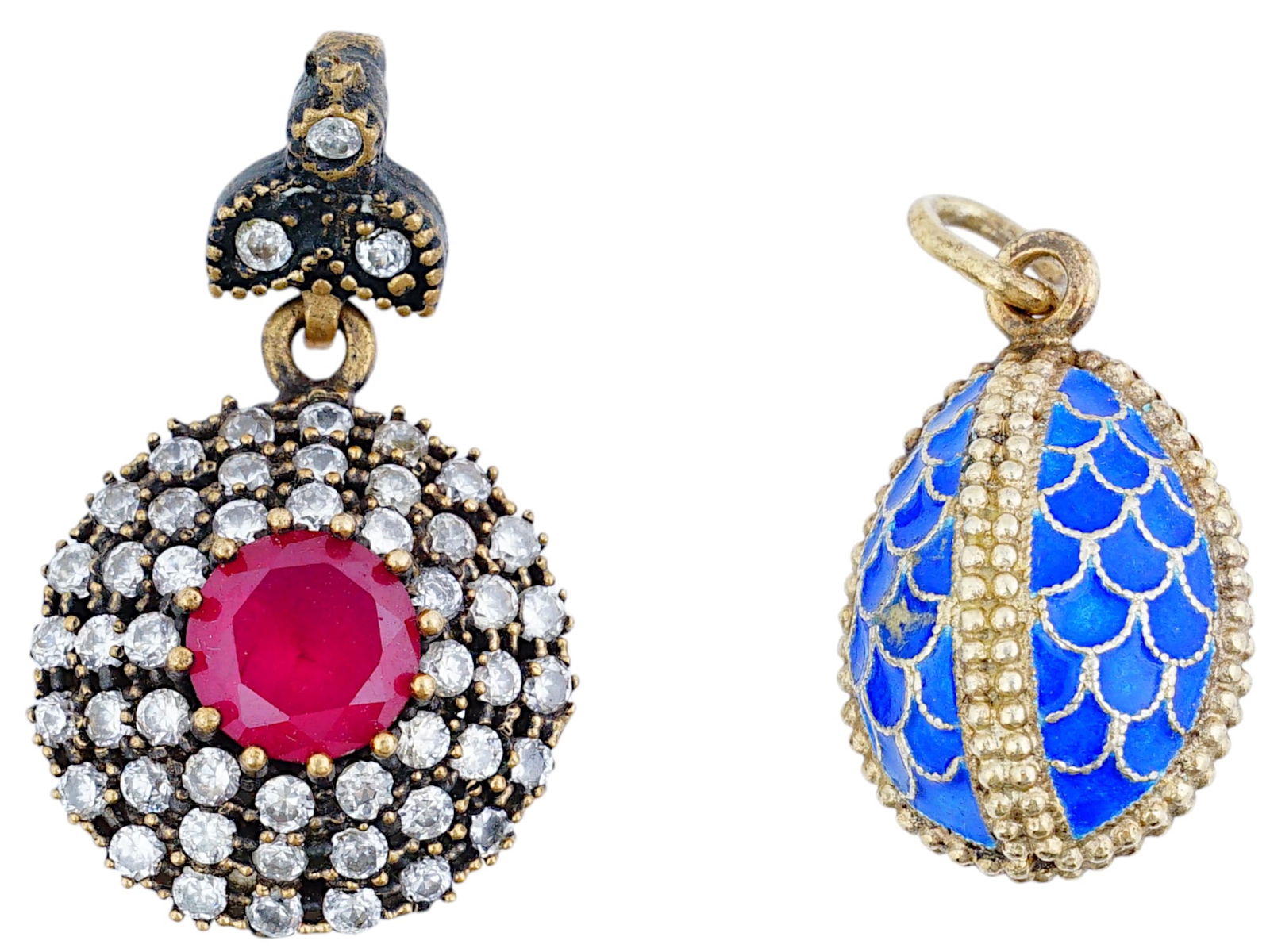 TWO VINTAGE NATURAL STONES AND ENAMEL PENDANTS (1 of 5)