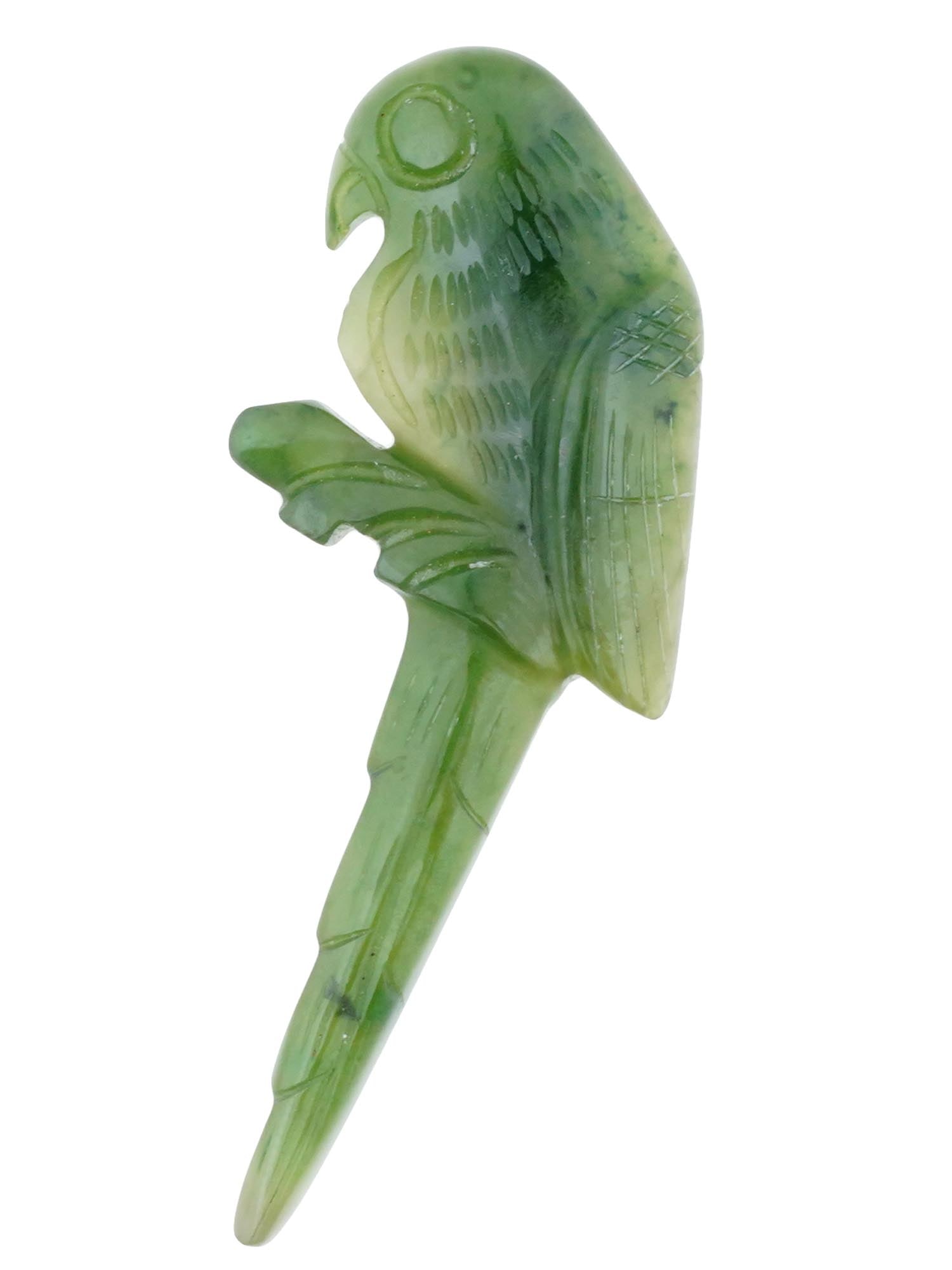 CHINESE HAND CARVED JADE PARROT FIGURAL BROOCH: A Chinese hand carved spinach green Jade figural brooch. The brooch is made in a shape of a parrot, engraved with detailed patterns. A pin is on the backside. Vintage and Modern Asian and Oriental Car