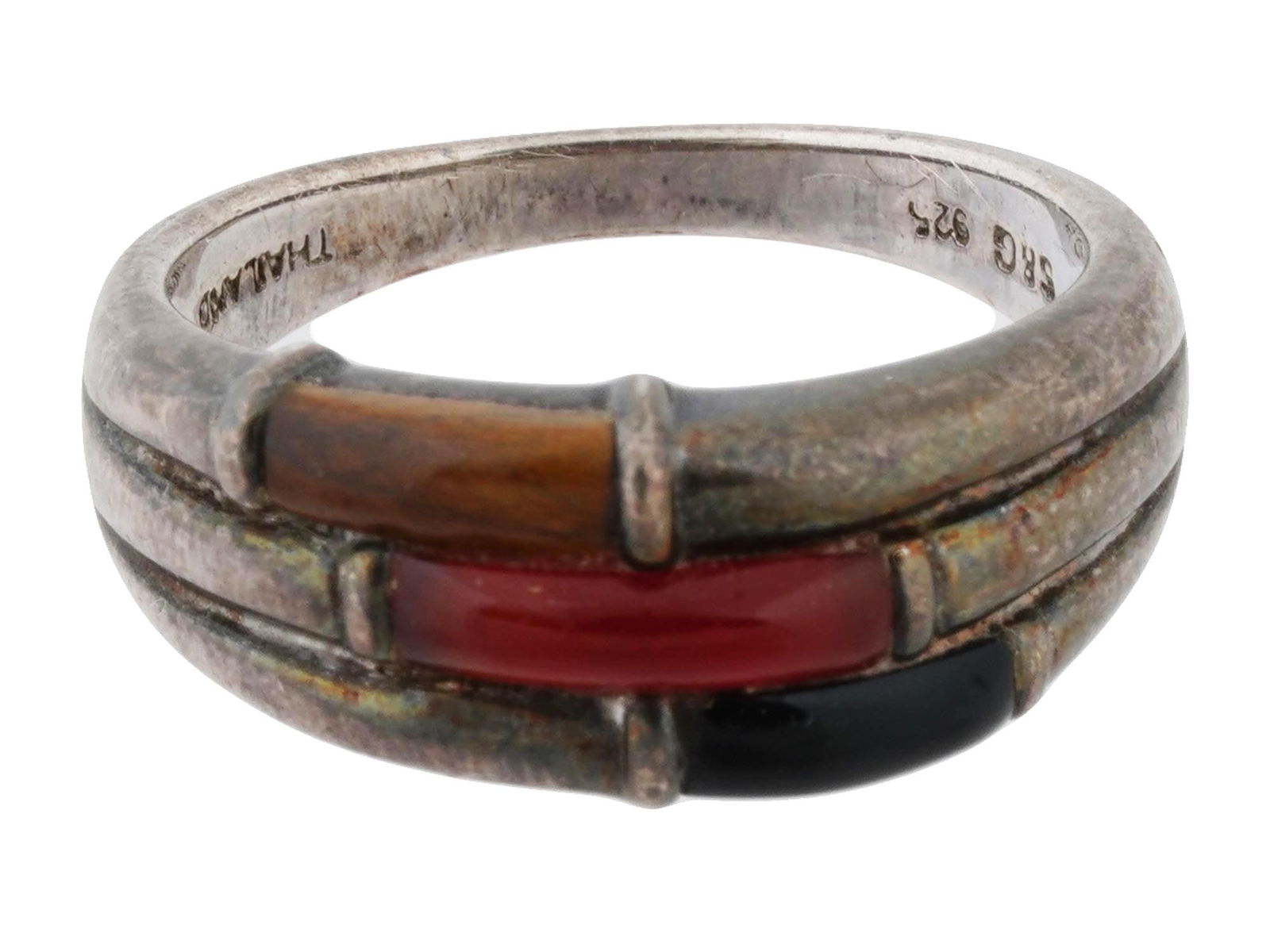 VINTAGE THAI STERLING SILVER GEMSTONE BANDED RING (1 of 5)