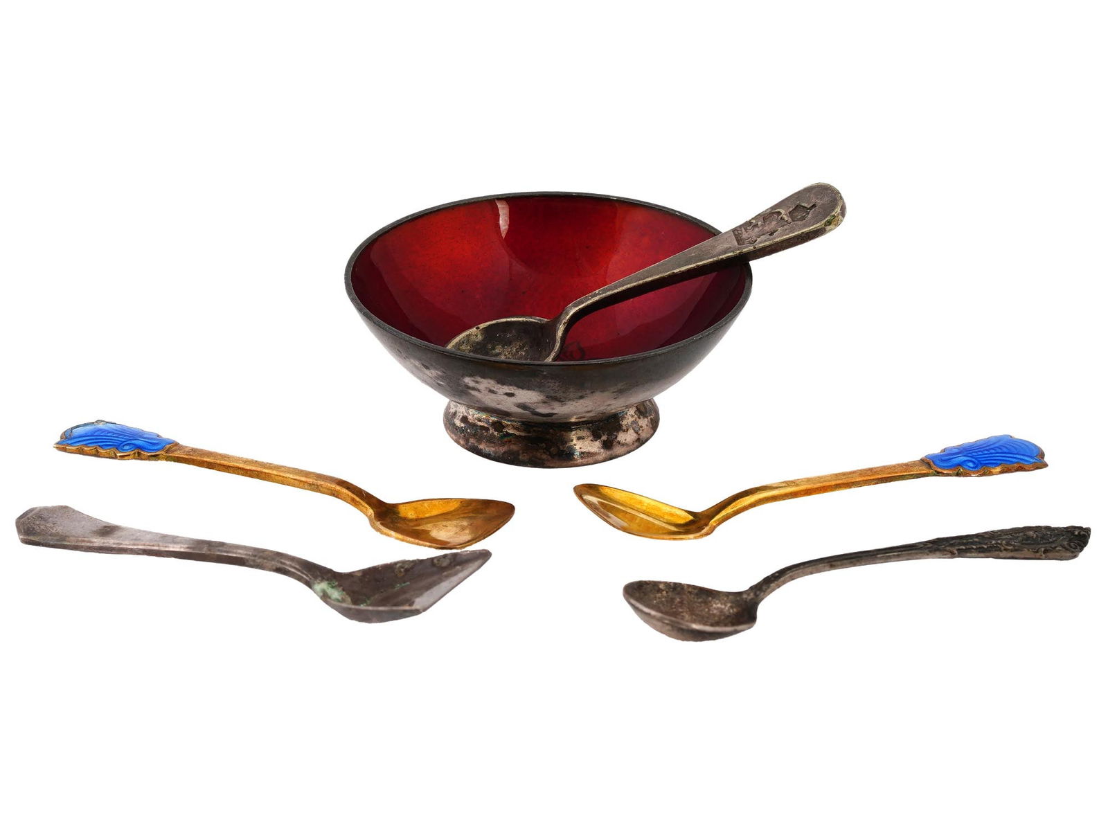 EUROPEAN ST SILVER ENAMEL SALT CELLAR AND SPOONS (1 of 10)